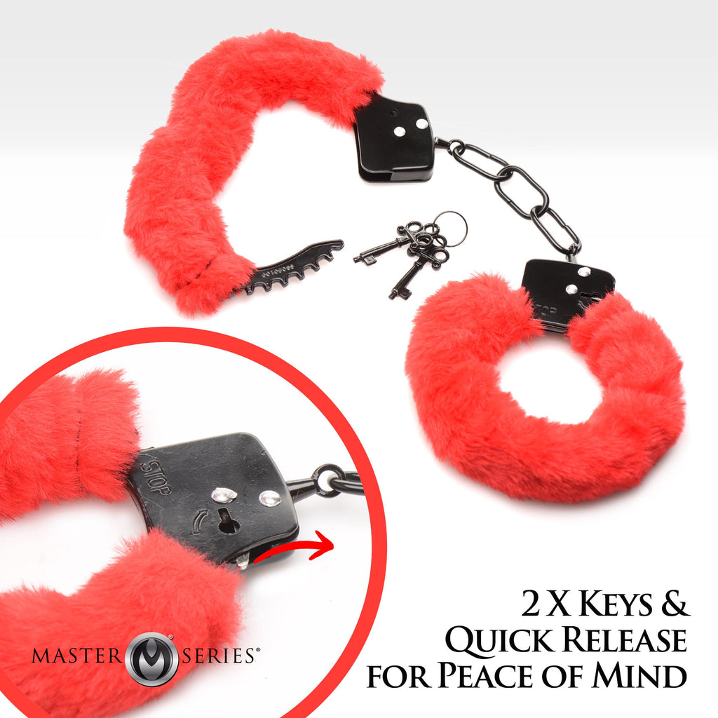 Master Series Cuffed In Fur Furry Handcuffs - Black Red