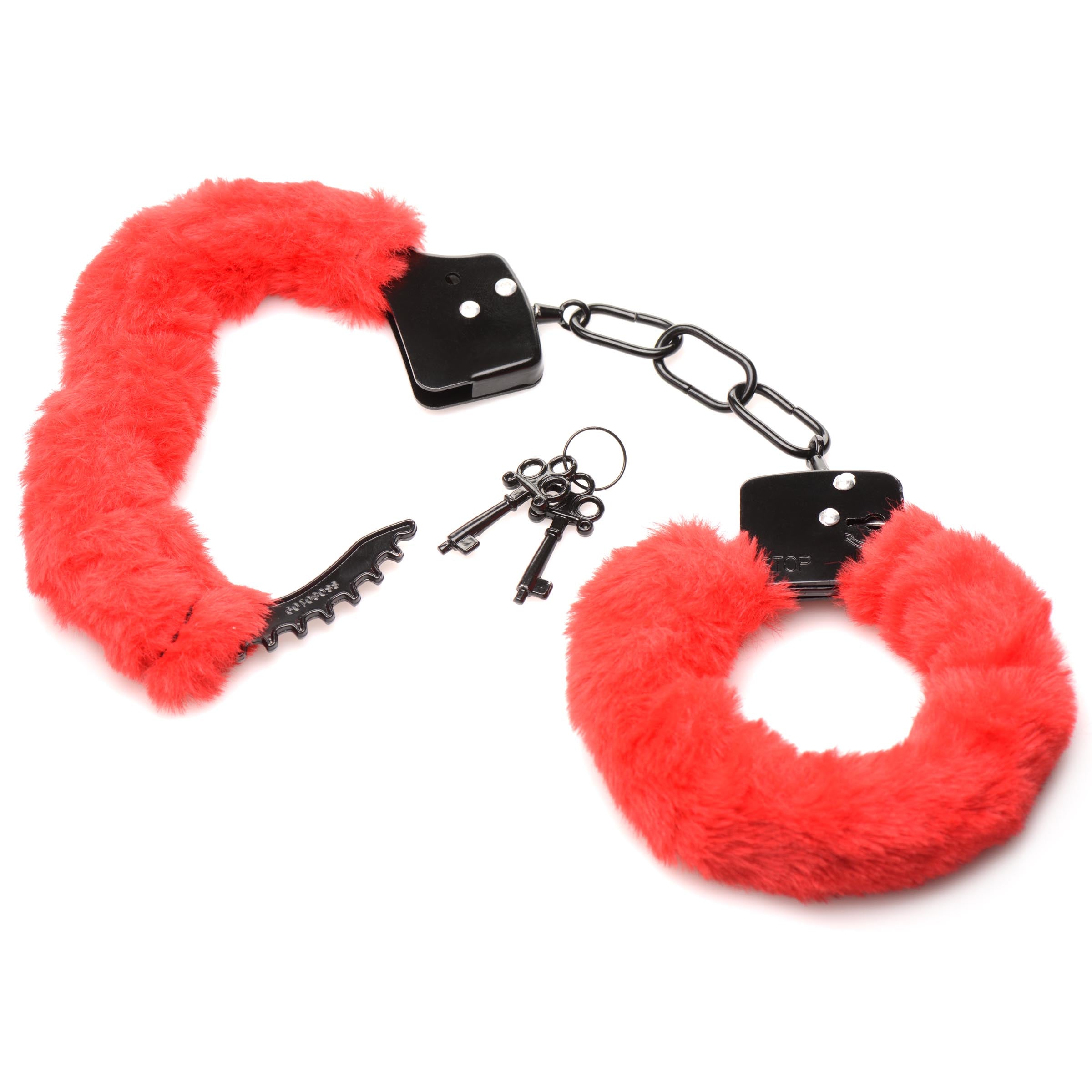 Master Series Cuffed In Fur Furry Handcuffs - Black Red