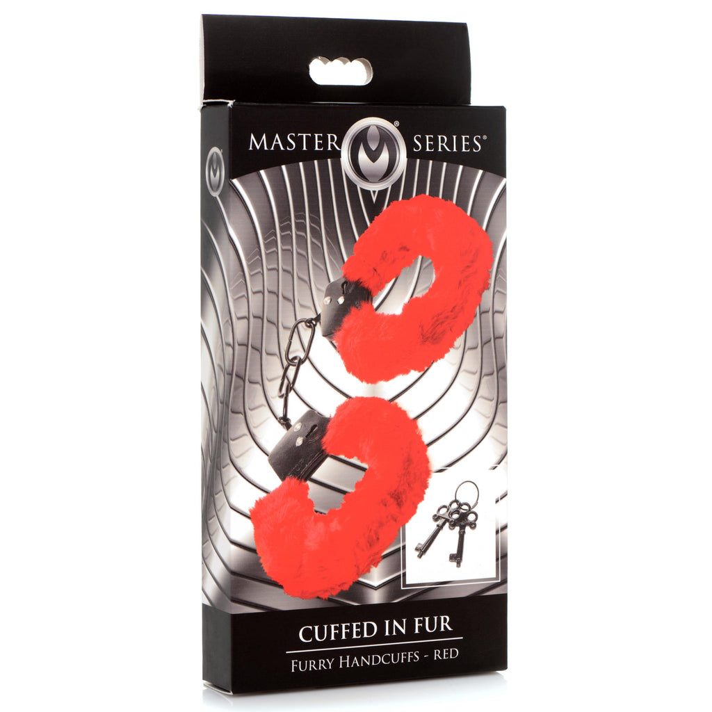 Master Series Cuffed In Fur Furry Handcuffs - Black Red