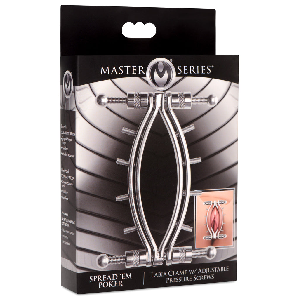 Master Series Spread Em Stainless Steel Poker Labia Clamp with Adjustable Pressure Screws Grey