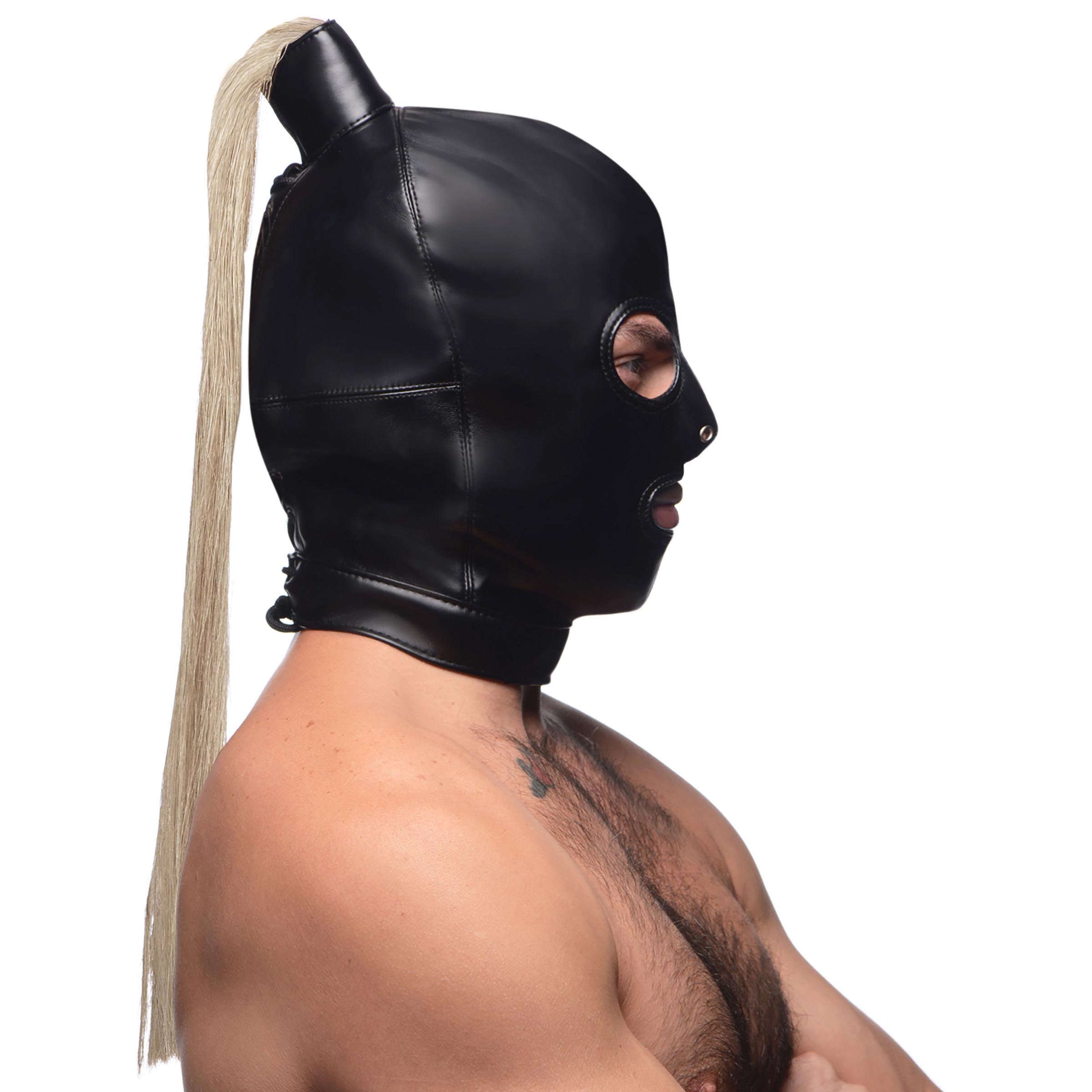 Strict Blonde Ponytail Bondage Hood Black