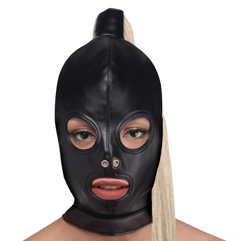 Strict Blonde Ponytail Bondage Hood Black
