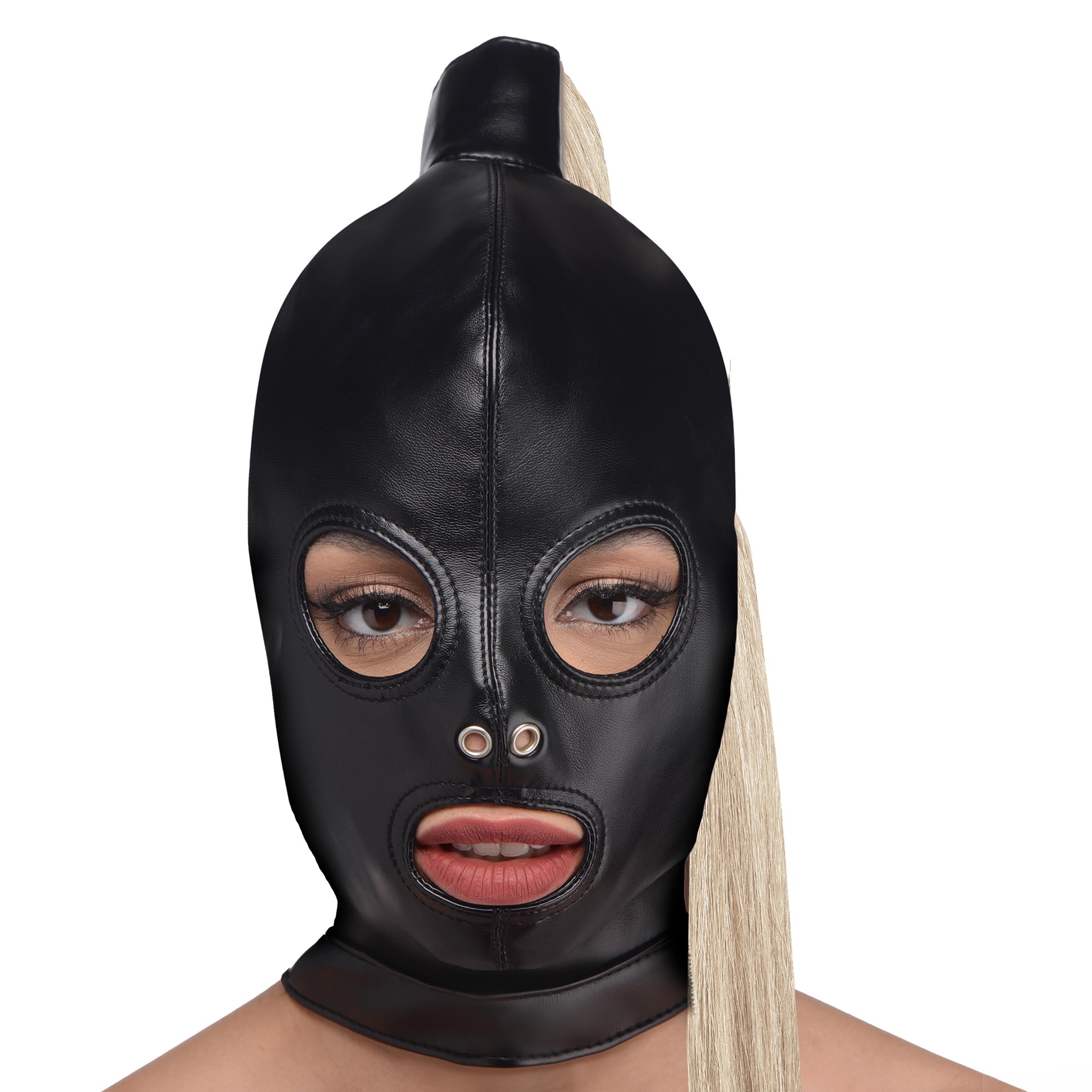 Strict Blonde Ponytail Bondage Hood Black