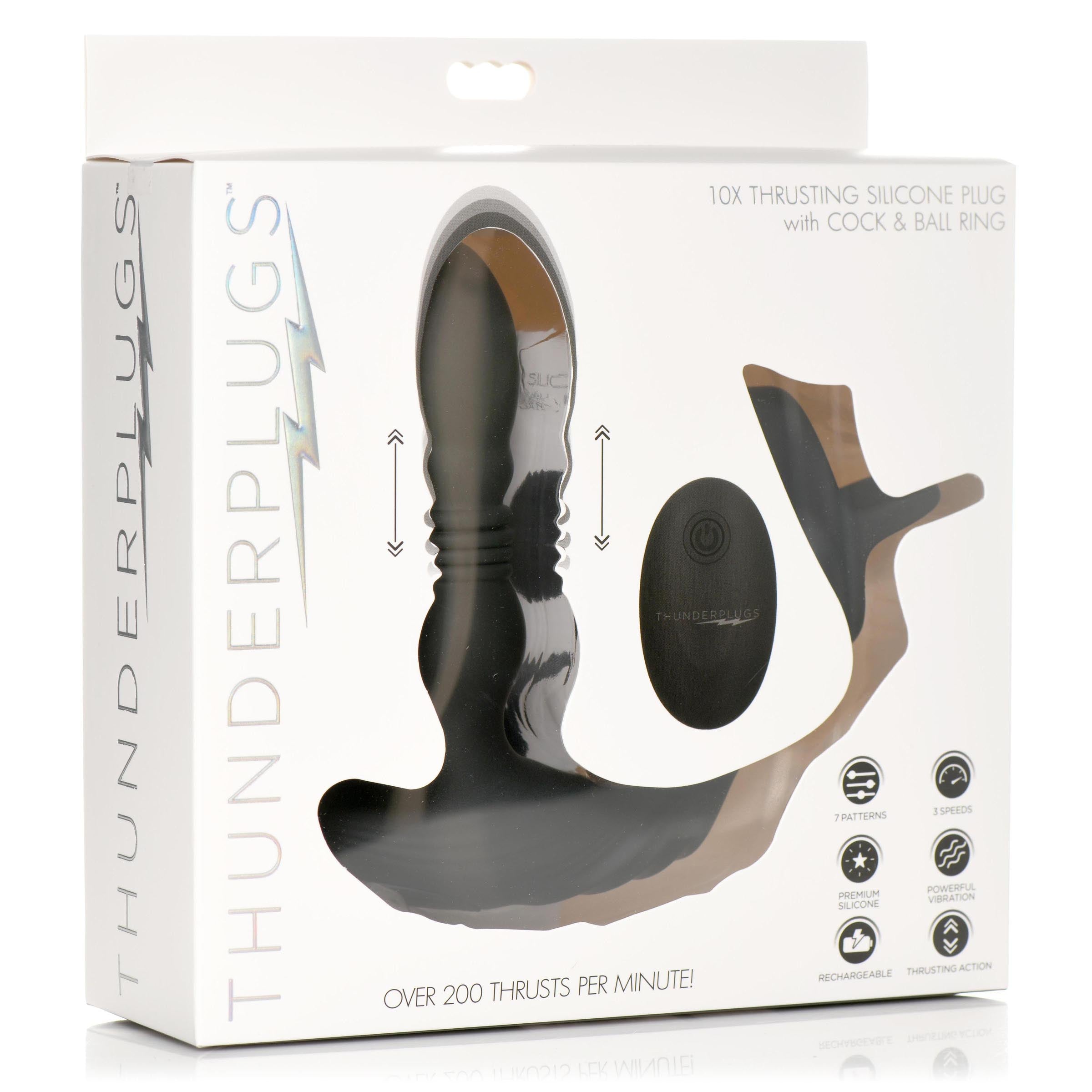 Thunderplugs Thrusting Vibrator with Cock and Ball Ring and Remote Black