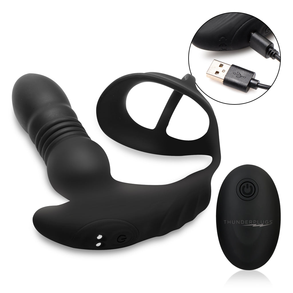 Thunderplugs Thrusting Vibrator with Cock and Ball Ring and Remote Black