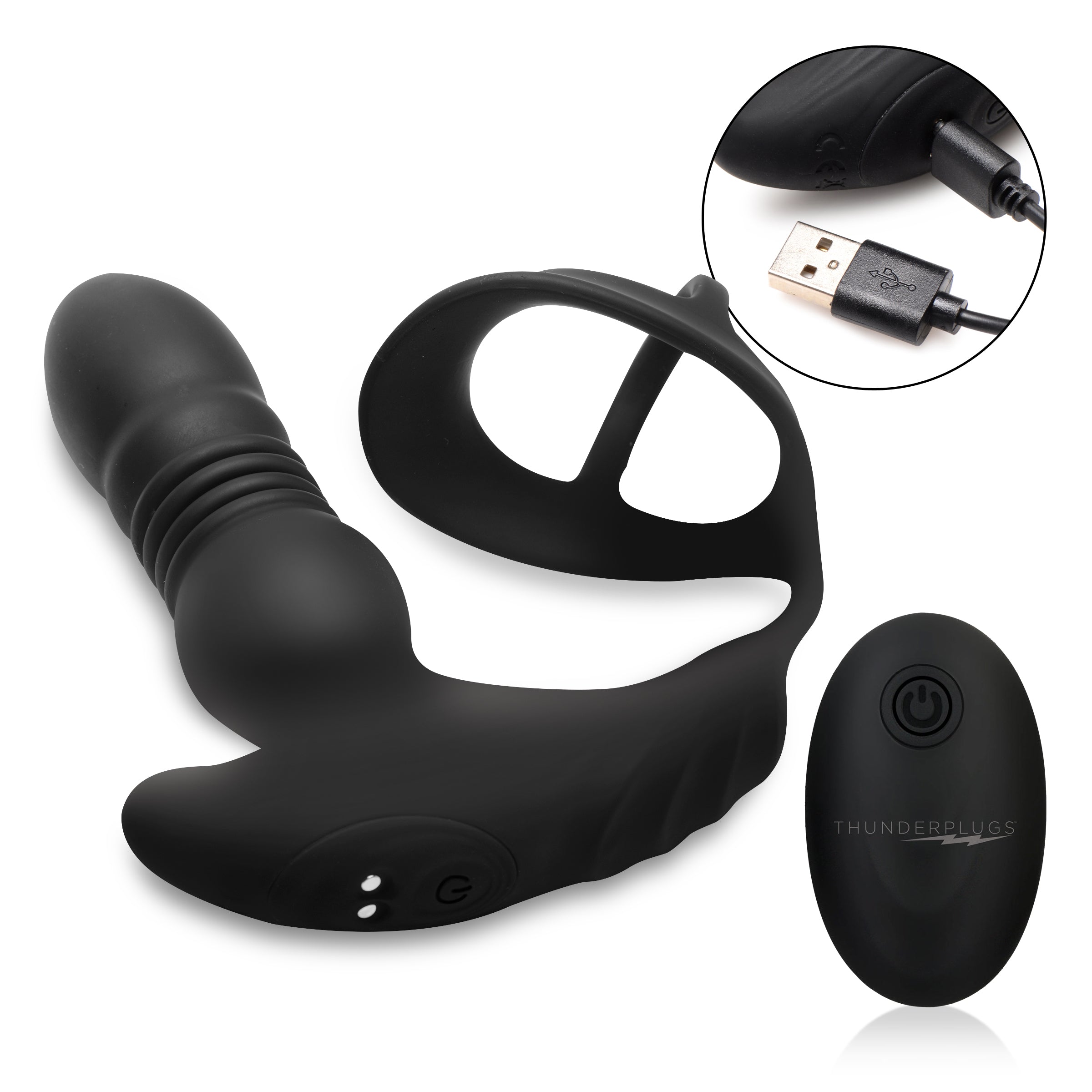 Thunderplugs Thrusting Vibrator with Cock and Ball Ring and Remote Black