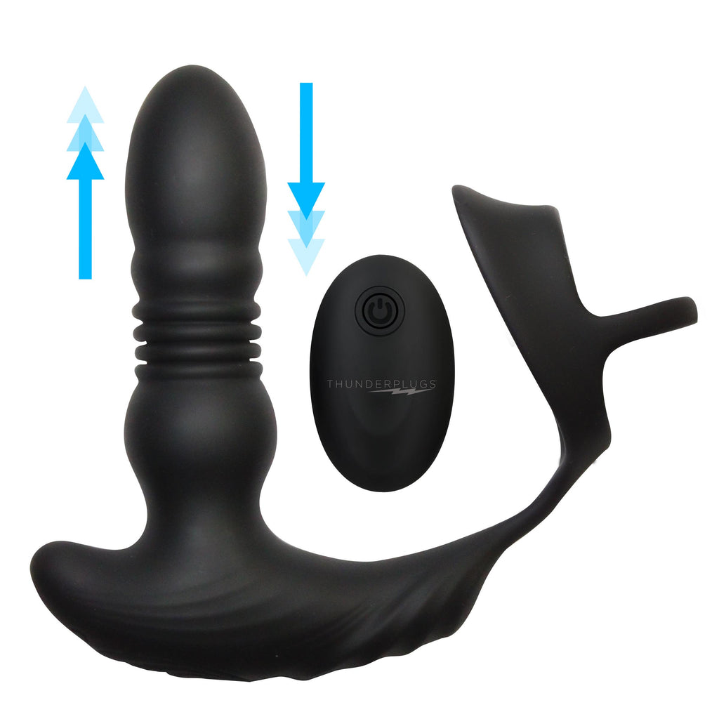 Thunderplugs Thrusting Vibrator with Cock and Ball Ring and Remote Black