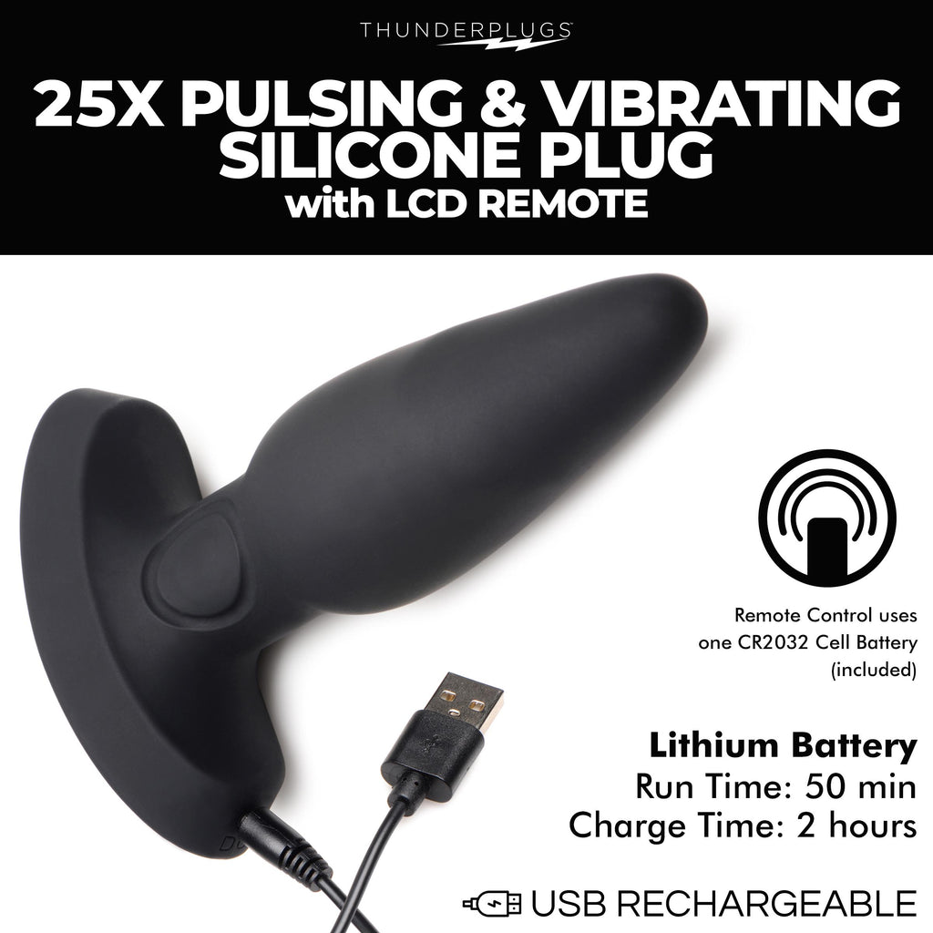 ThunderPlugs 25X Pulsing and Vibrating Silicone Plug with Remote Black