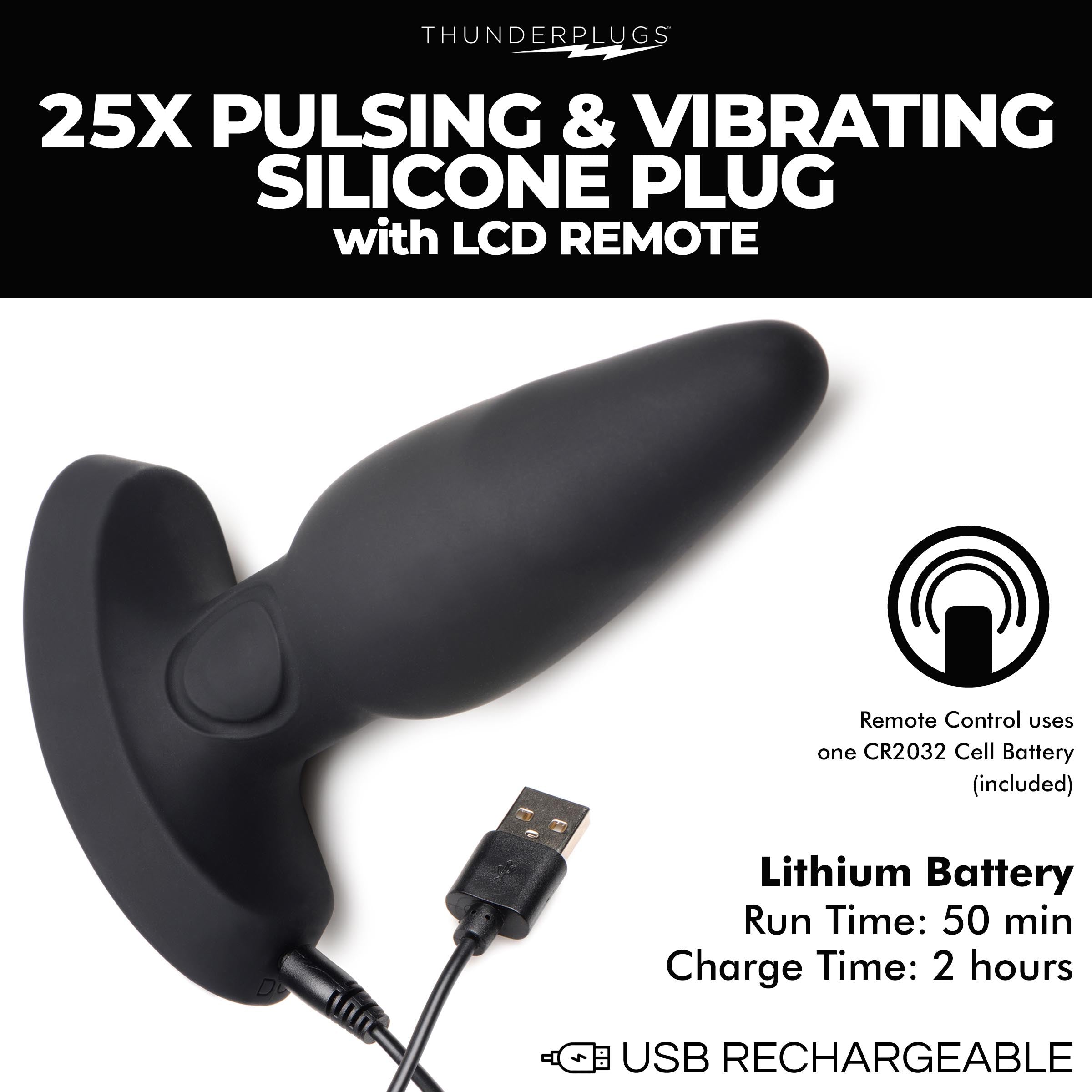ThunderPlugs 25X Pulsing and Vibrating Silicone Plug with Remote Black