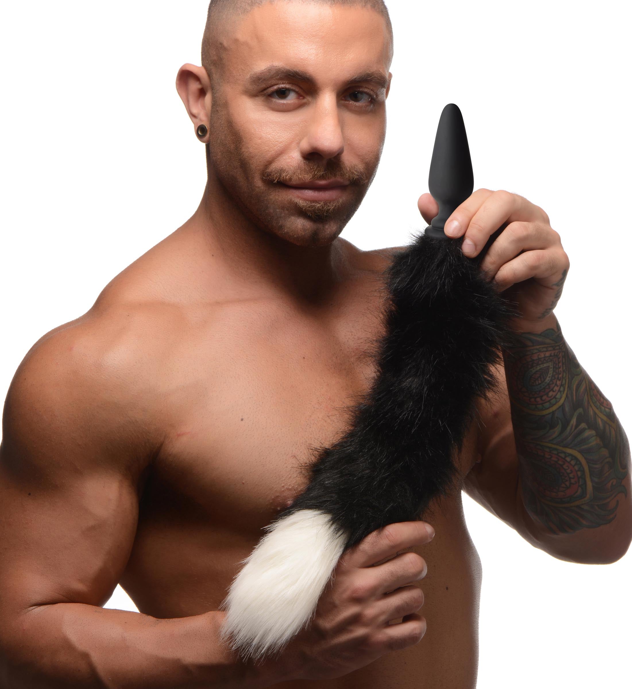 Tailz Large Anal Plug with Interchangeable Fox Tail - Black and White Black