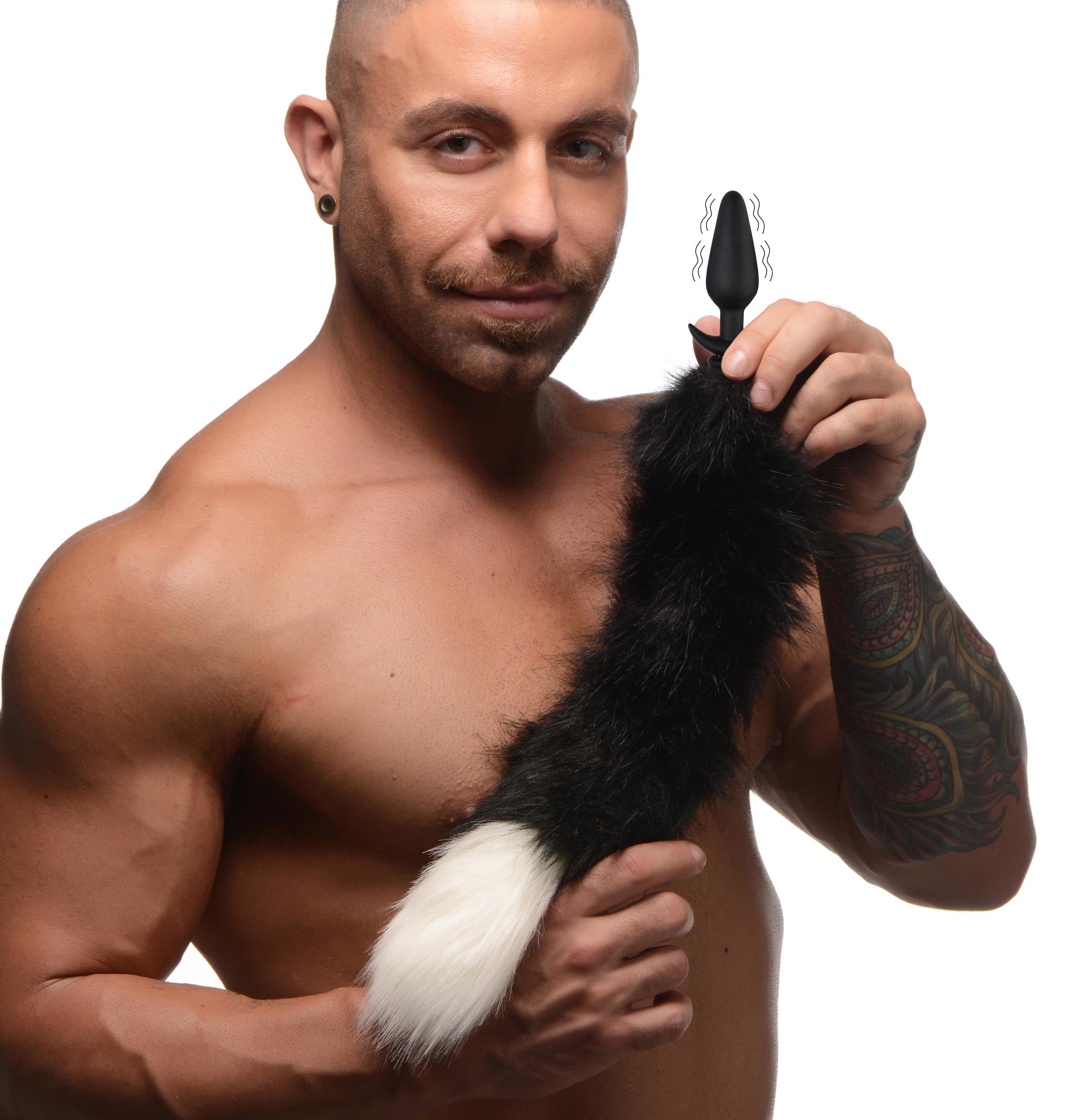 Tailz Small Vibrating Anal Plug with Interchangeable Fox Tail - Black and White Black