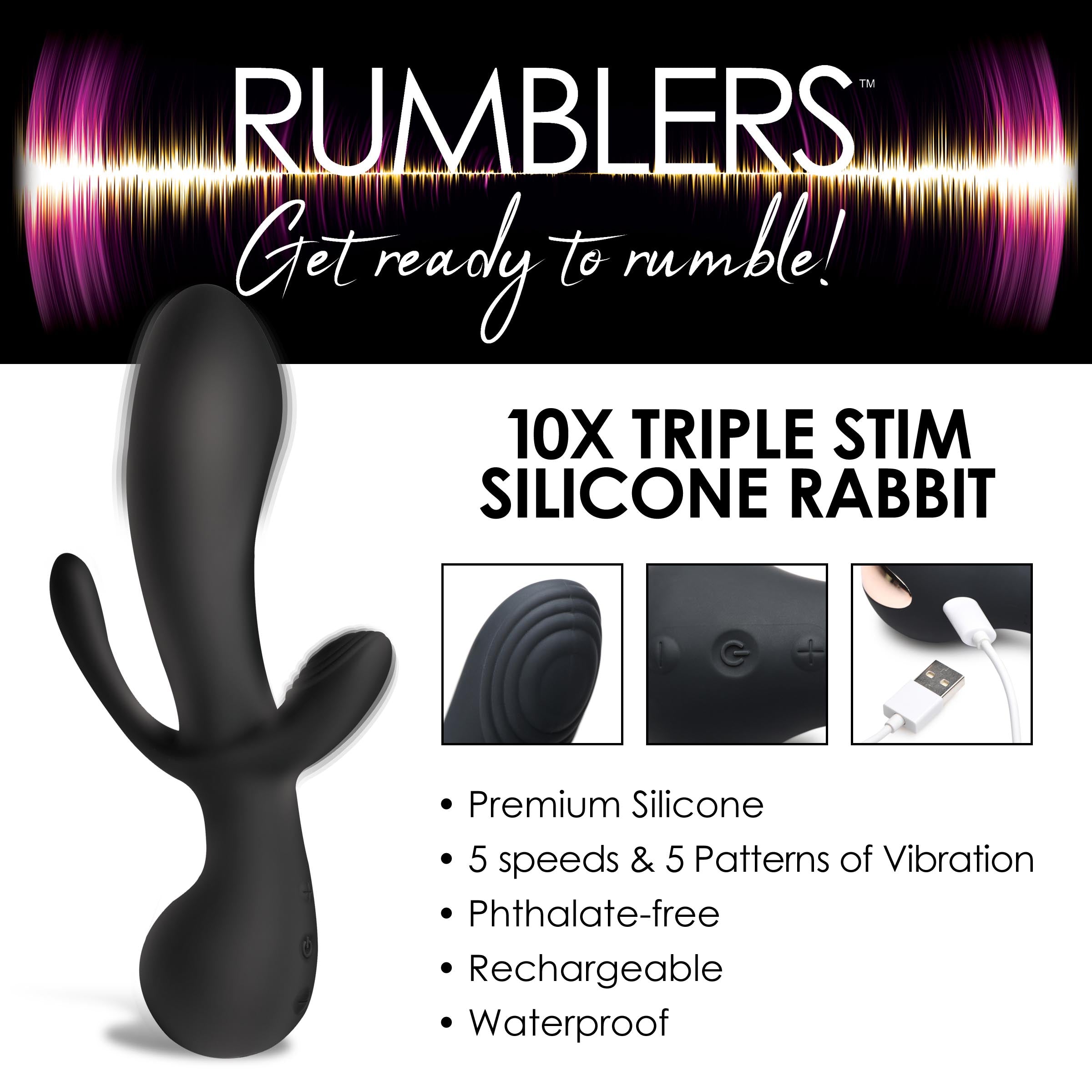 Rumblers 10X Triple Stim Silicone Vibrator Black