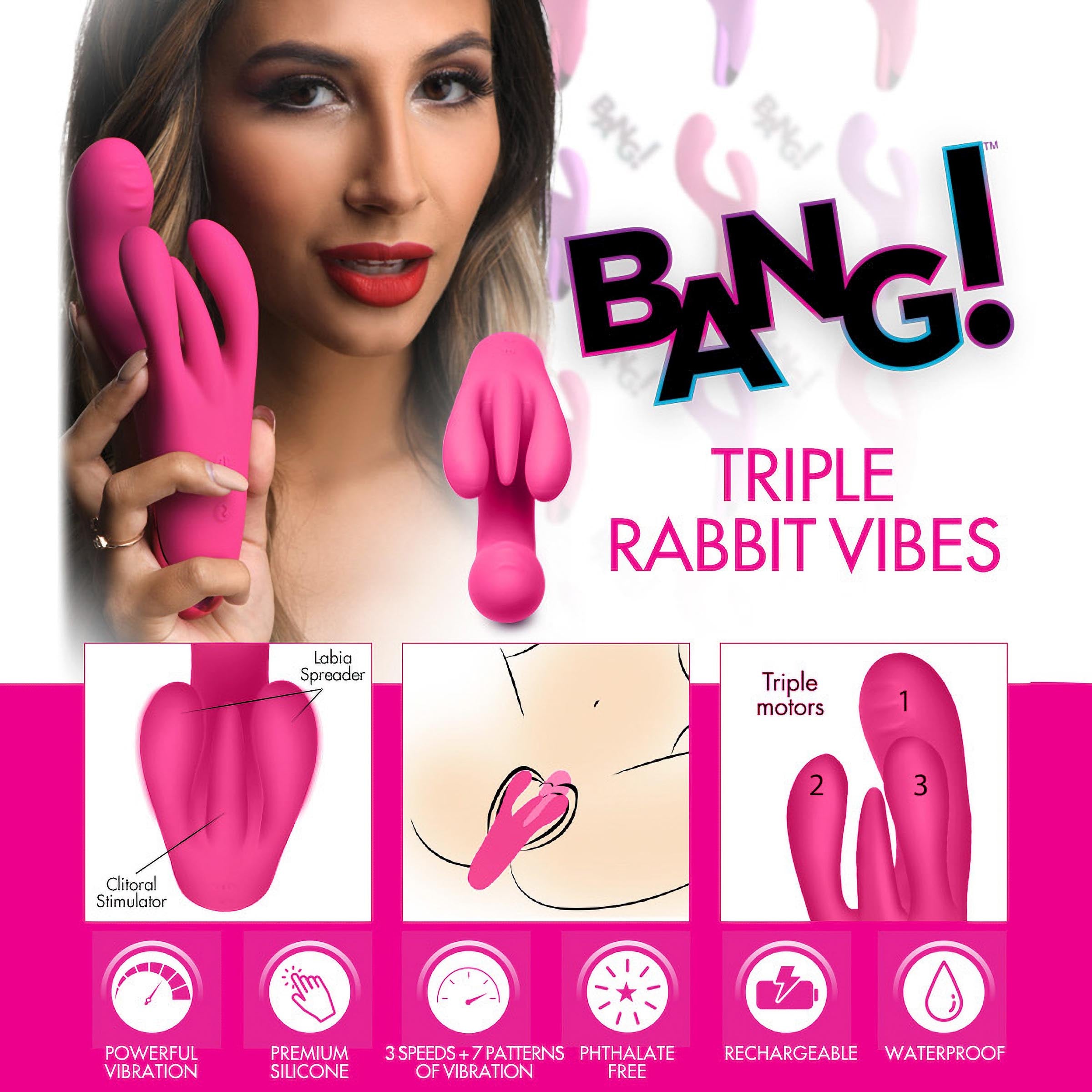 Bang! 10X Triple Rabbit Silicone Vibrator - Pink Pink