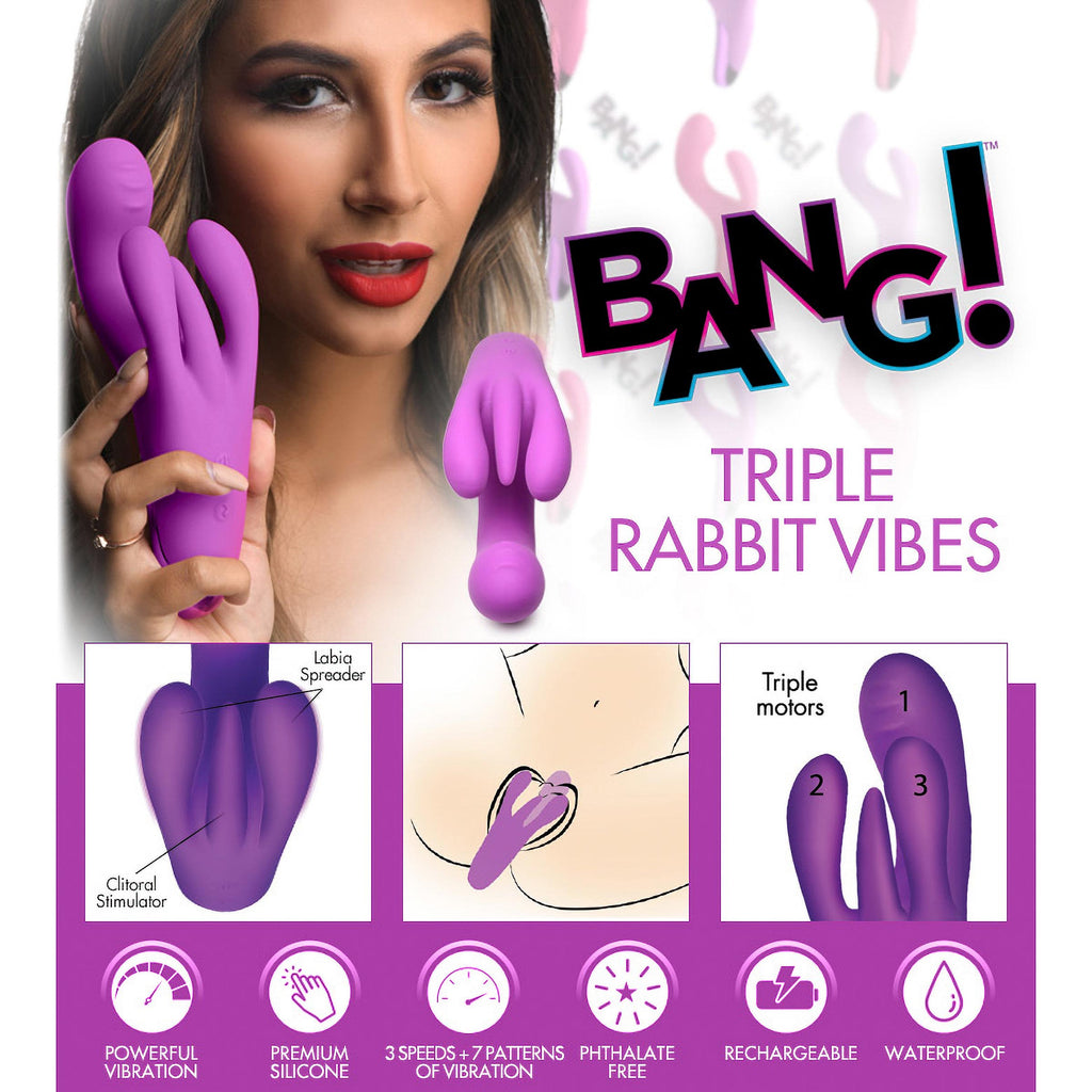 Bang! 10X Triple Rabbit Silicone Vibrator - Pink Purple