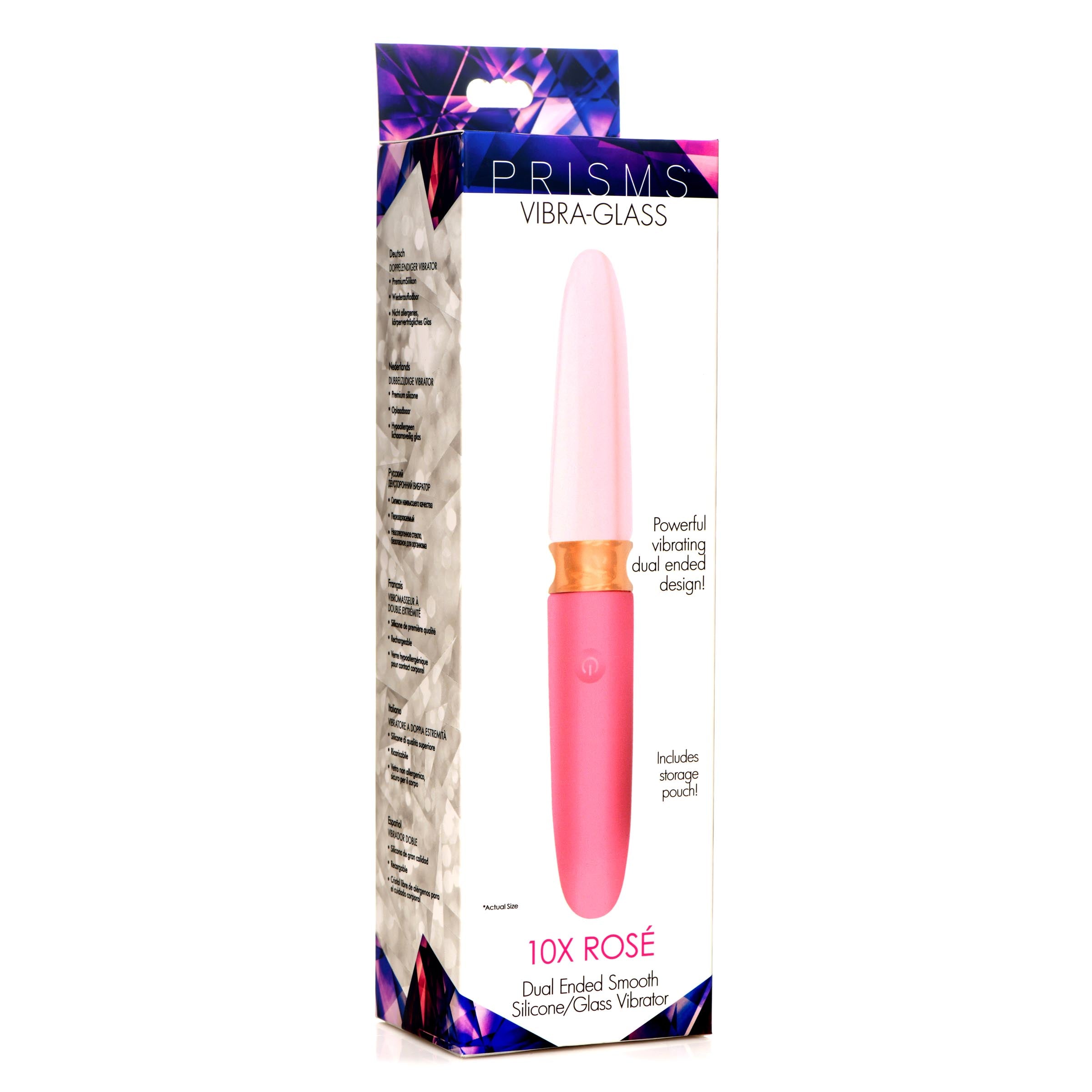 Prisms Erotic Glass 10X Rosé Dual Ended Smooth Silicone and Glass Vibrator Pink
