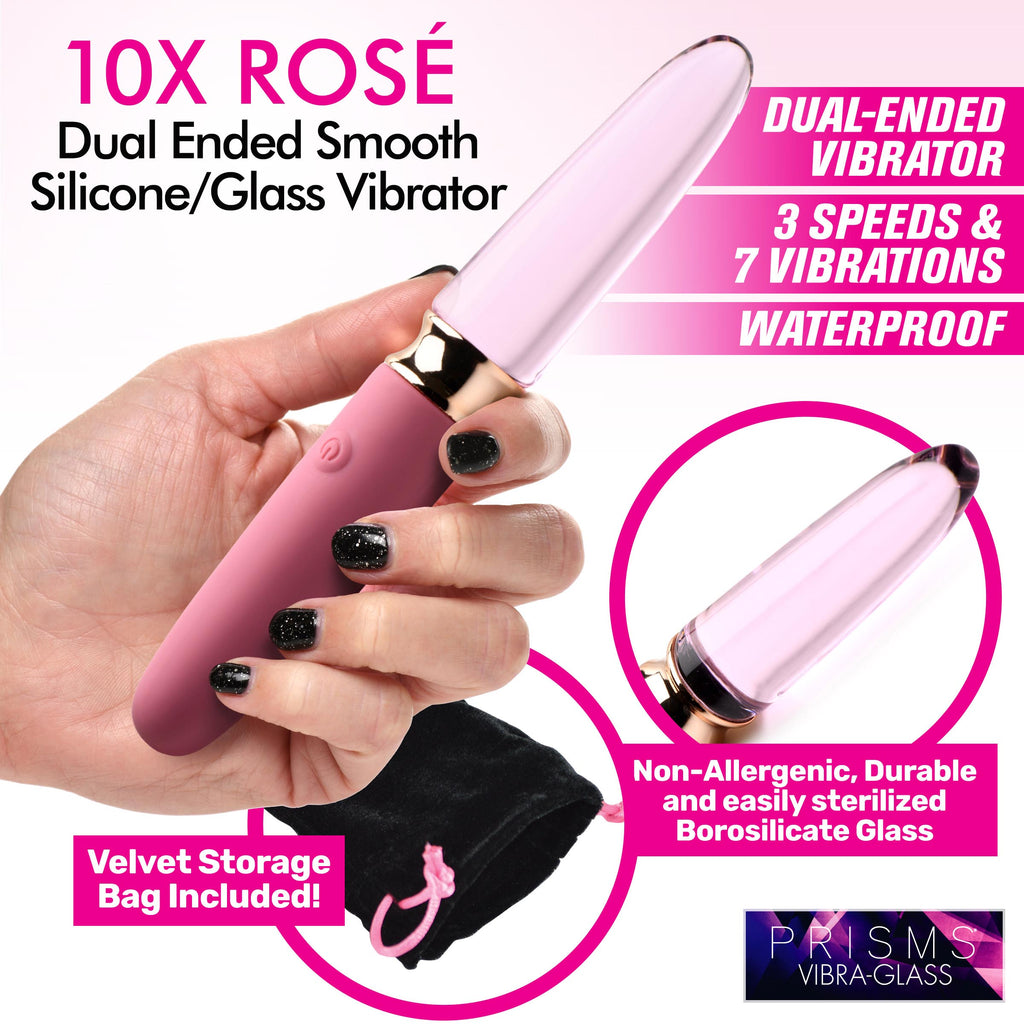 Prisms Erotic Glass 10X Rosé Dual Ended Smooth Silicone and Glass Vibrator Pink