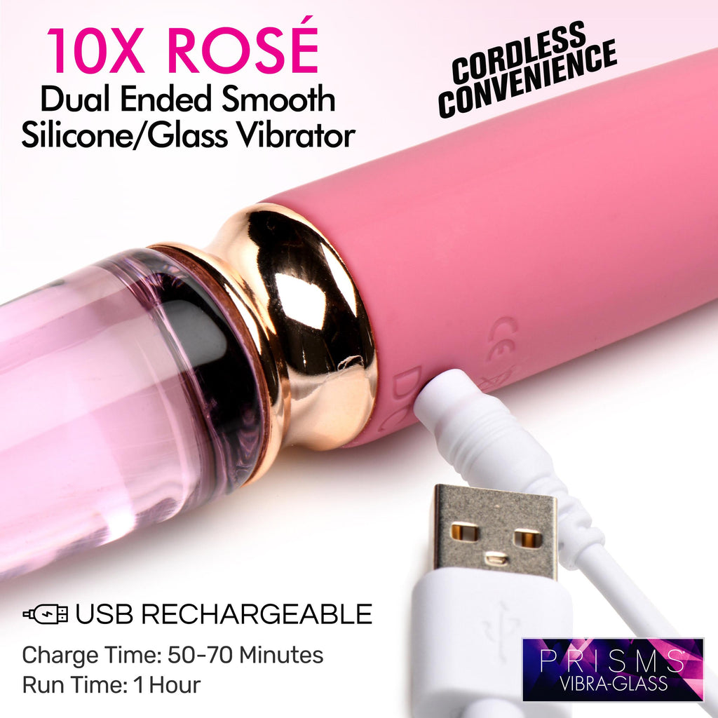 Prisms Erotic Glass 10X Rosé Dual Ended Smooth Silicone and Glass Vibrator Pink