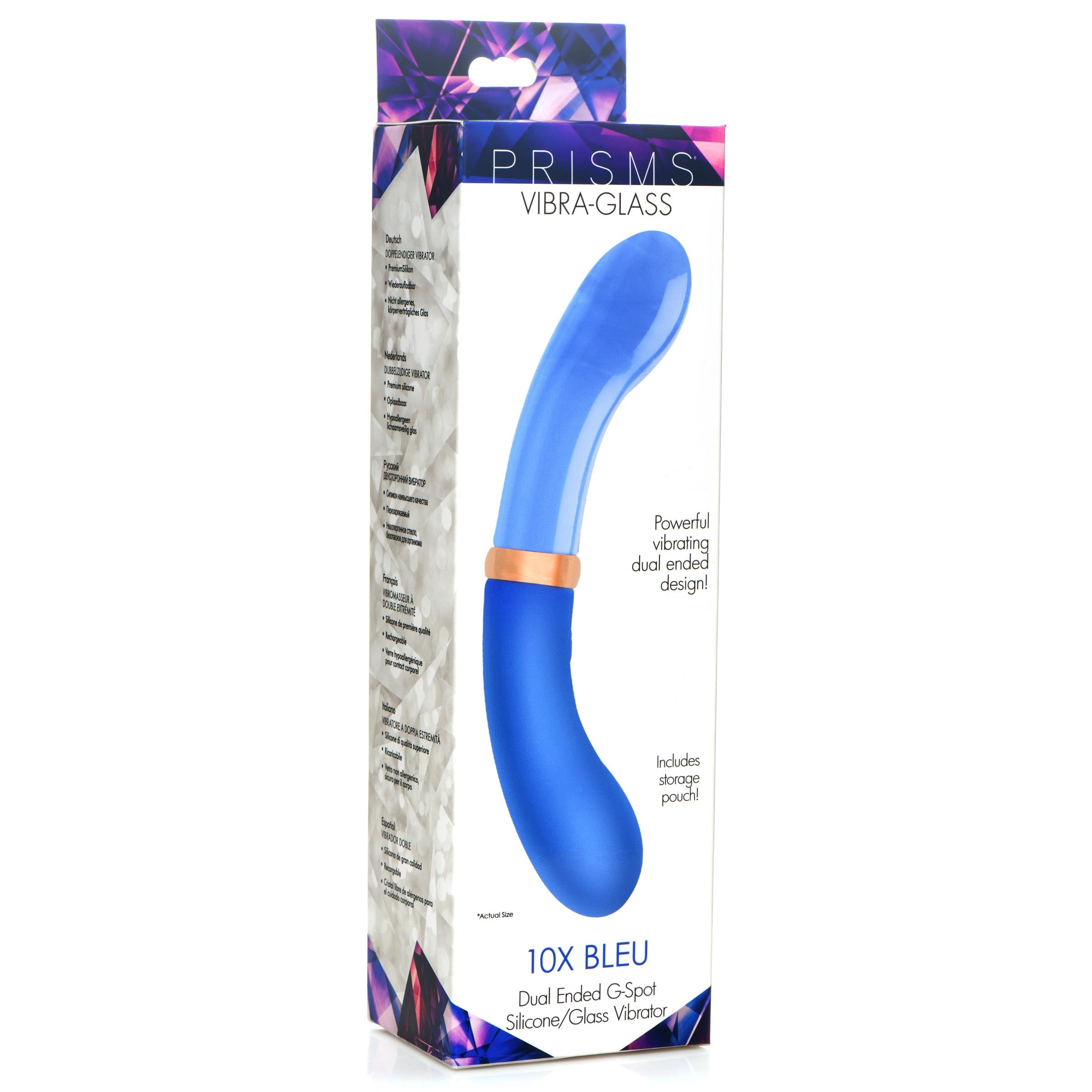 Prisms Erotic Glass 10X Bleu Dual Ended G-Spot Silicone and Glass Vibrator Blue