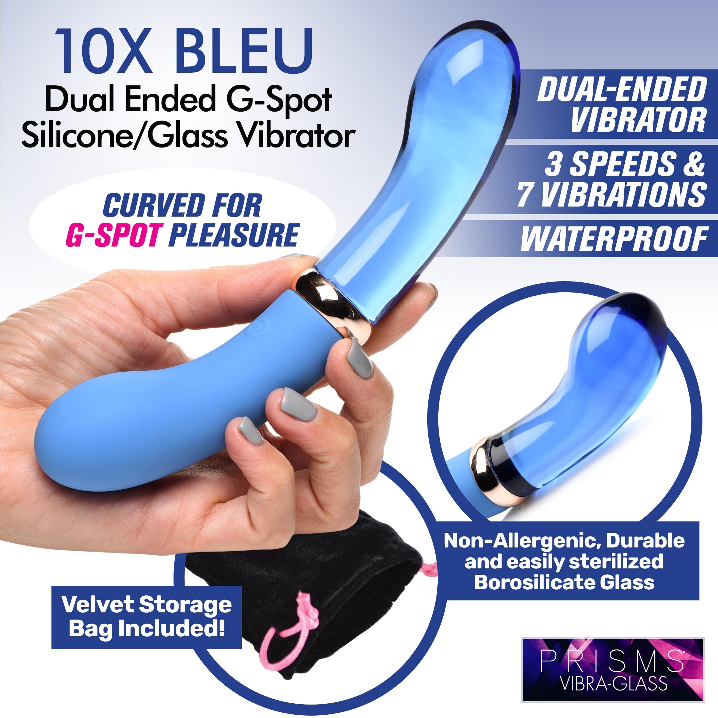 Prisms Erotic Glass 10X Bleu Dual Ended G-Spot Silicone and Glass Vibrator Blue