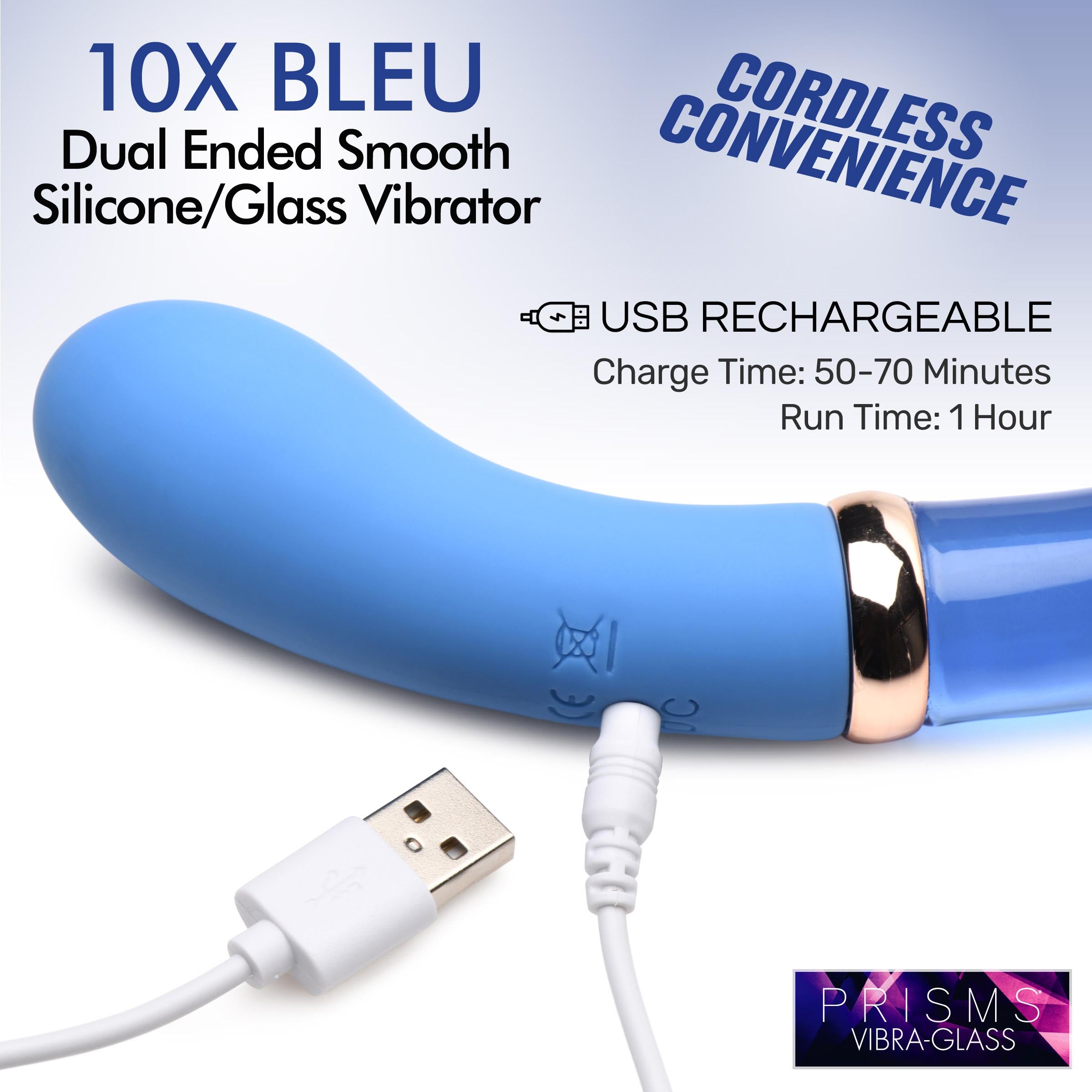 Prisms Erotic Glass 10X Bleu Dual Ended G-Spot Silicone and Glass Vibrator Blue