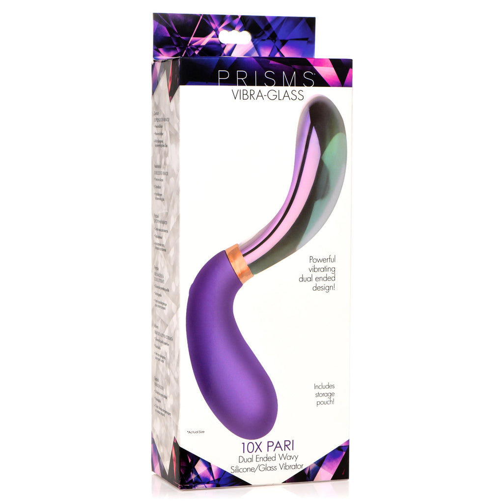 Prisms Erotic Glass 10X Pari Dual Ended Wavy Silicone and Glass Vibrator Purple