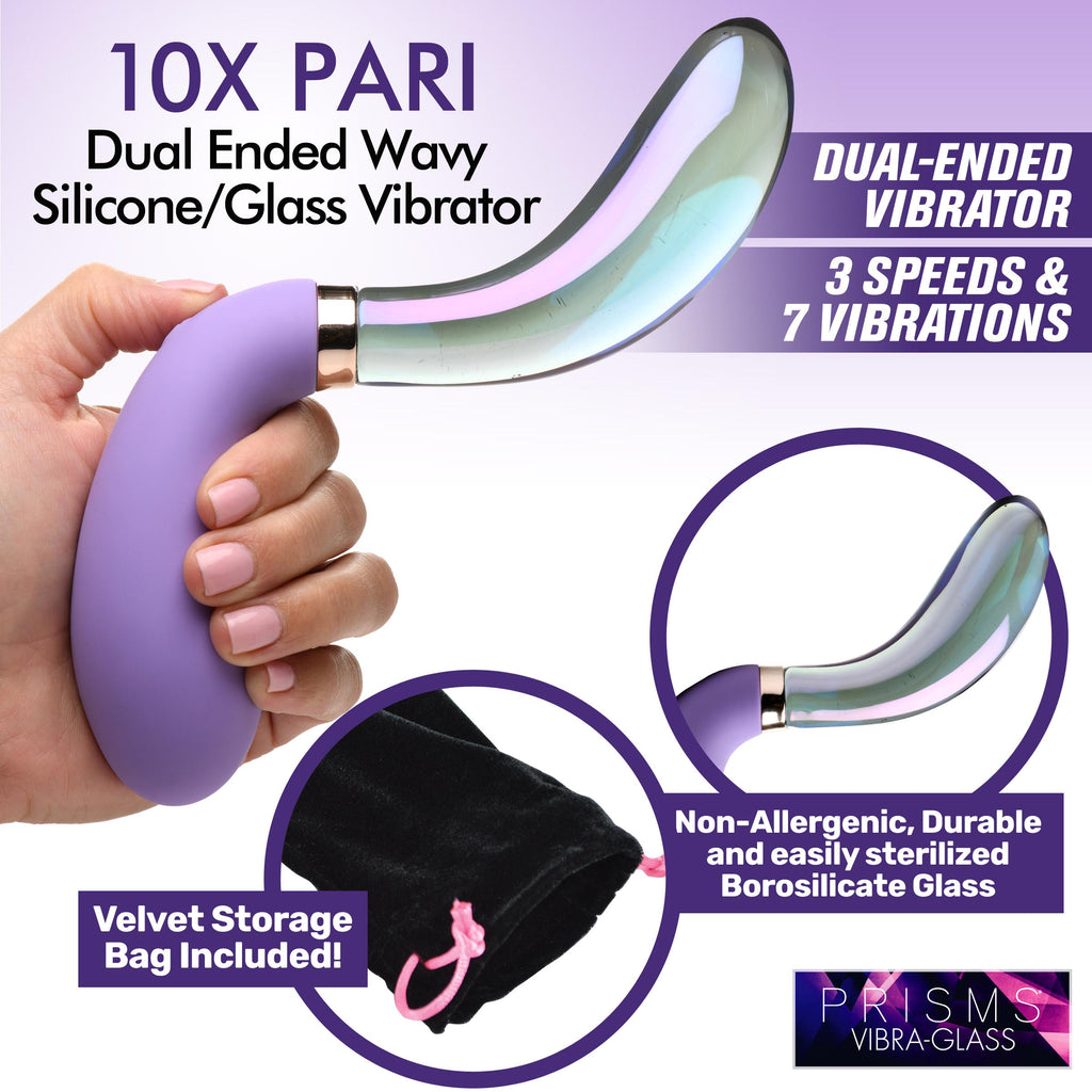 Prisms Erotic Glass 10X Pari Dual Ended Wavy Silicone and Glass Vibrator Purple