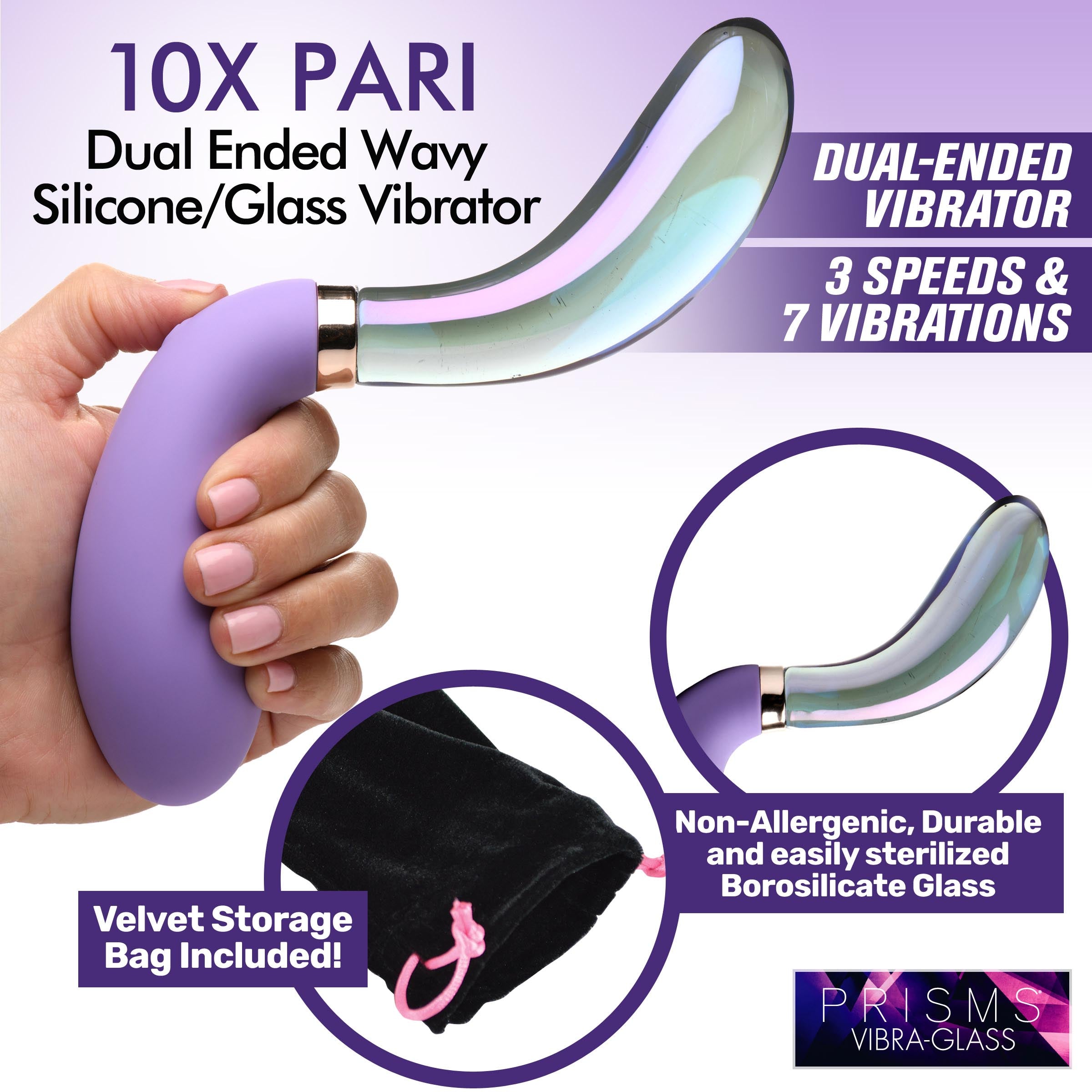 Prisms Erotic Glass 10X Pari Dual Ended Wavy Silicone and Glass Vibrator Purple