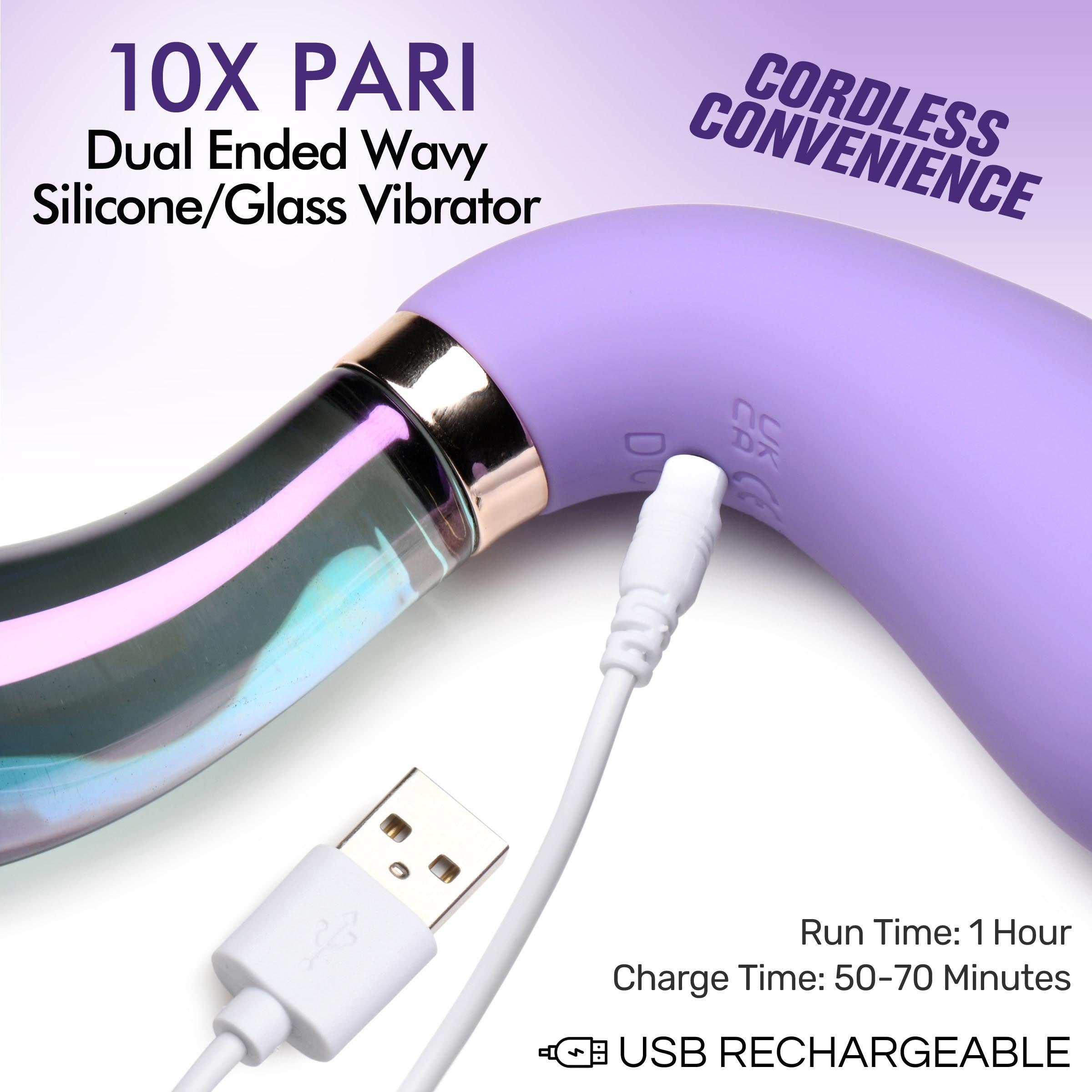 Prisms Erotic Glass 10X Pari Dual Ended Wavy Silicone and Glass Vibrator Purple