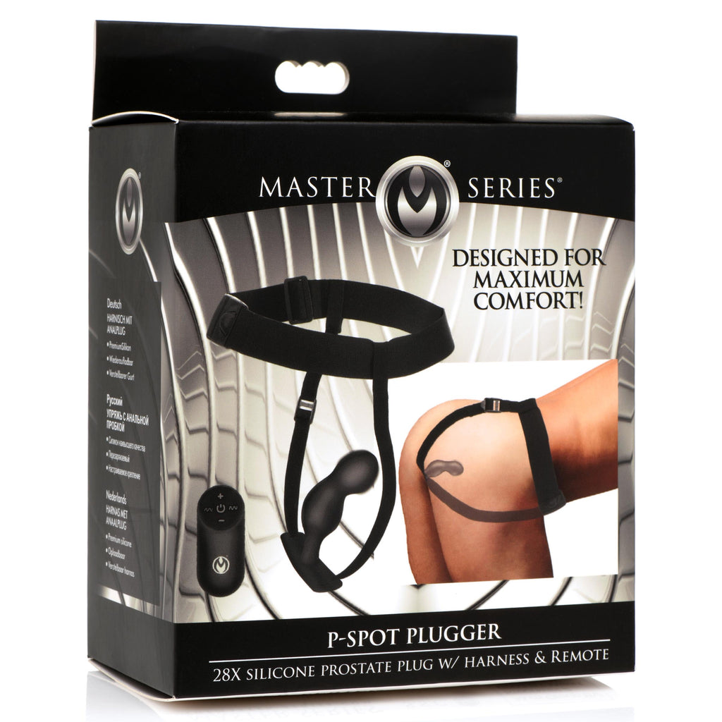 Master Series P-Spot Plugger 28X Silicone Prostate Plug with Comfort Harness and Remote Control Black