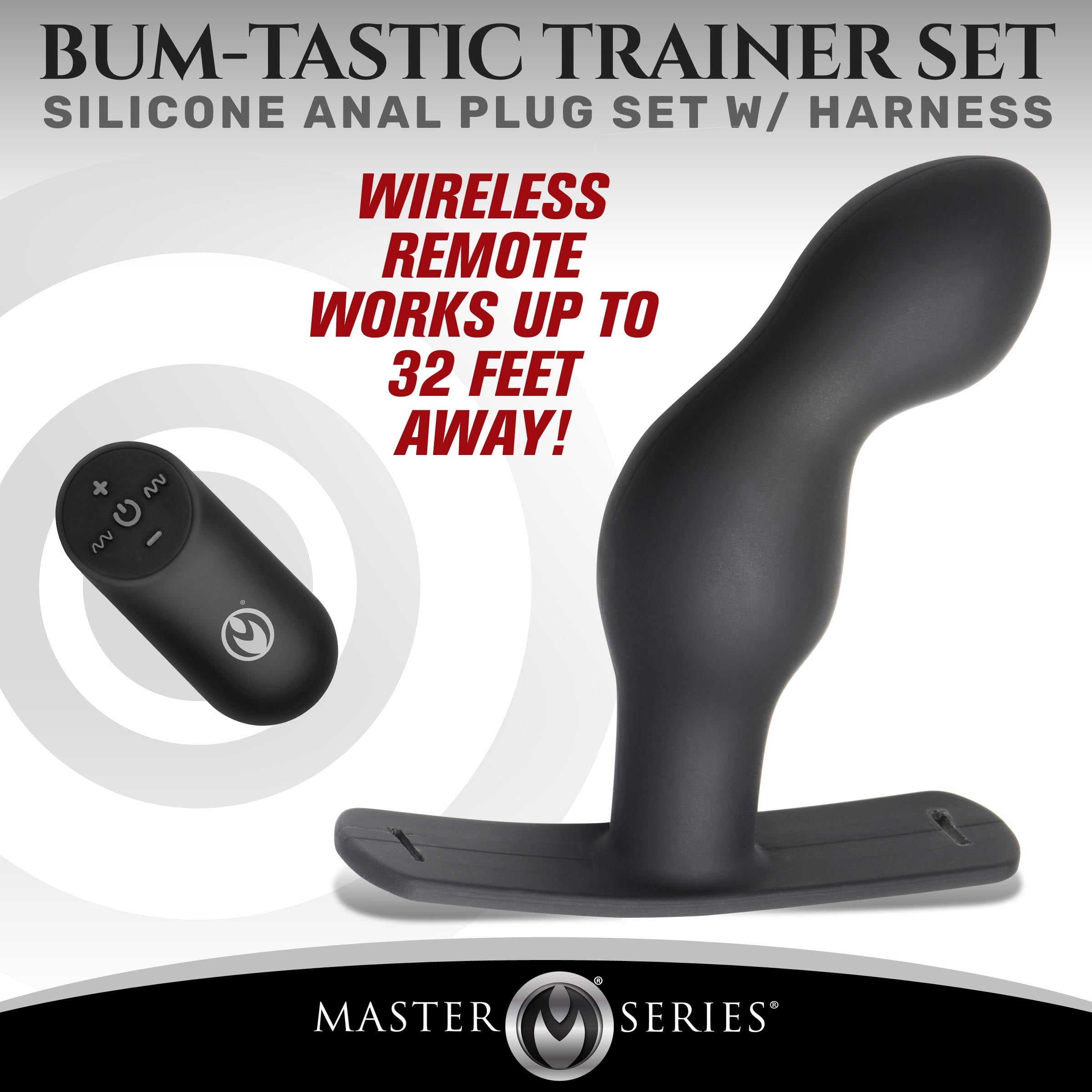 Master Series P-Spot Plugger 28X Silicone Prostate Plug with Comfort Harness and Remote Control Black