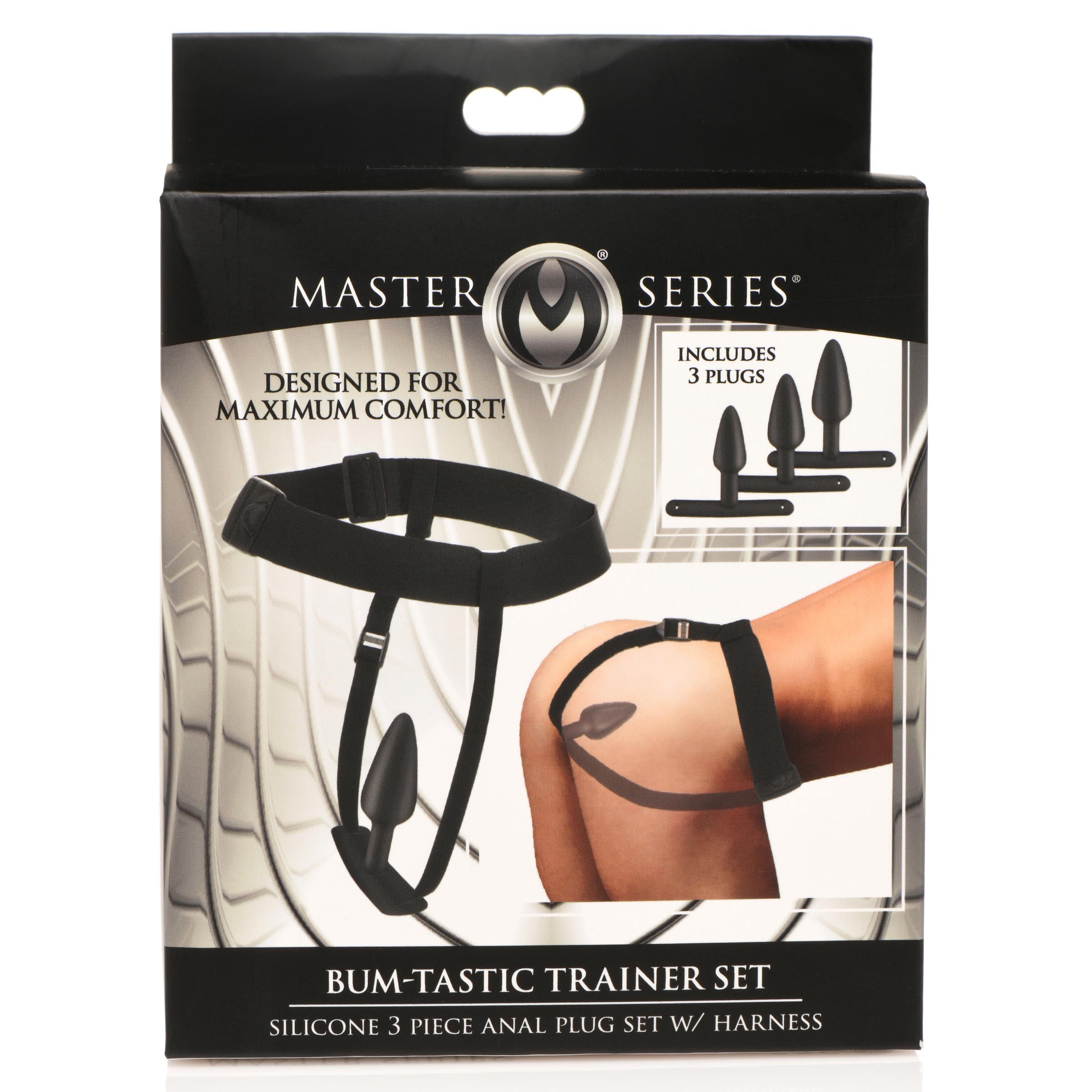 Master Series Bum-Tastic Trainer Set Silicone 3 Piece Anal Plug Set with Harness Black