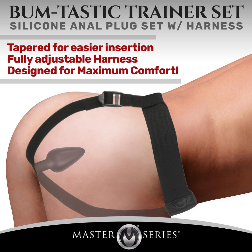 Master Series Bum-Tastic Trainer Set Silicone 3 Piece Anal Plug Set with Harness Black