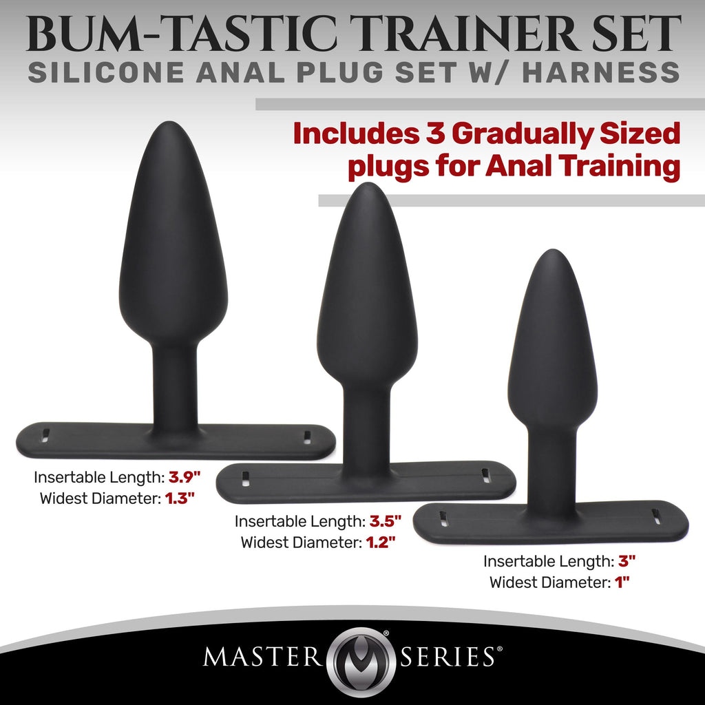 Master Series Bum-Tastic Trainer Set Silicone 3 Piece Anal Plug Set with Harness Black