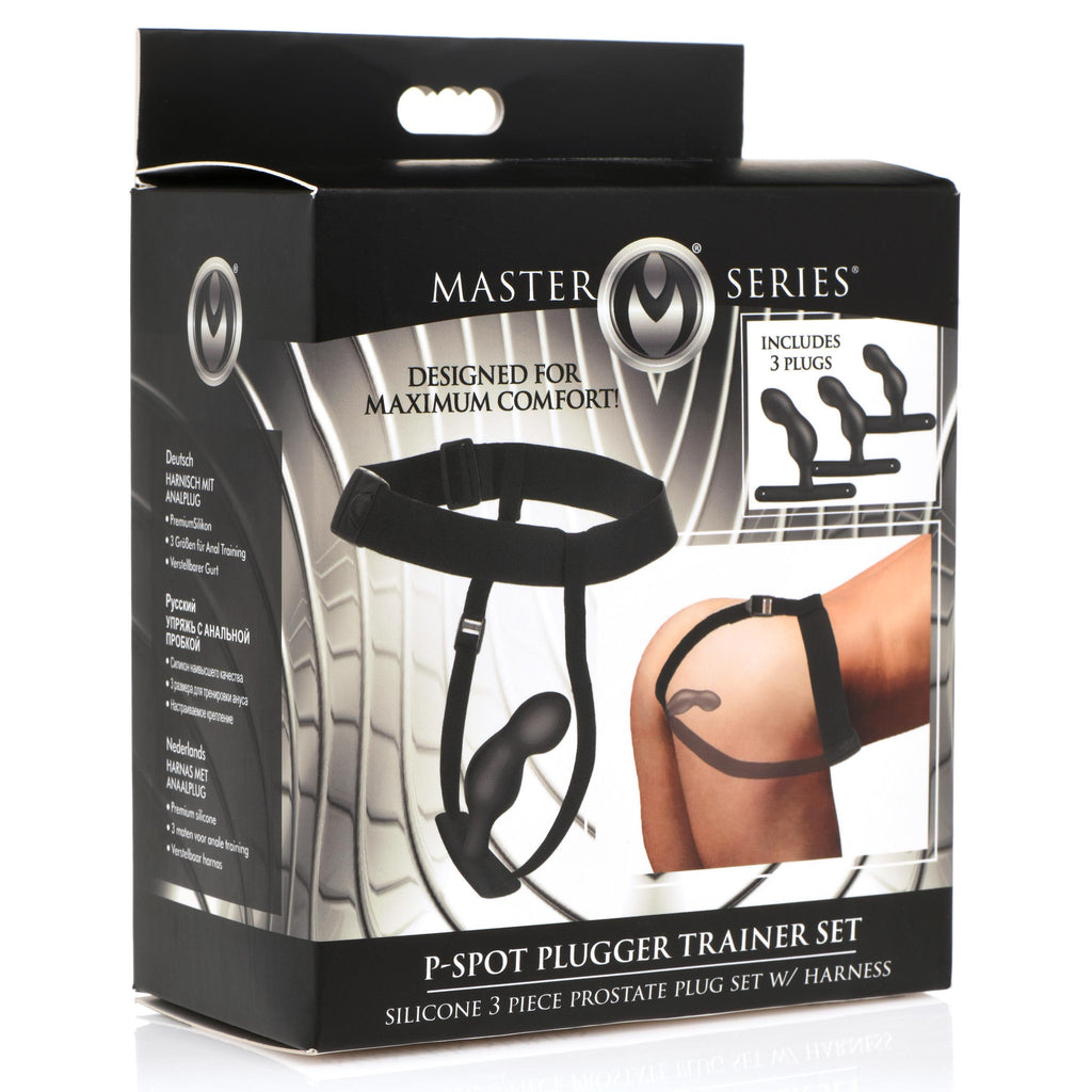 Master Series P-Spot Plugger Trainer Set Silicone 3 Piece Prostate Plug Set with Harness Black