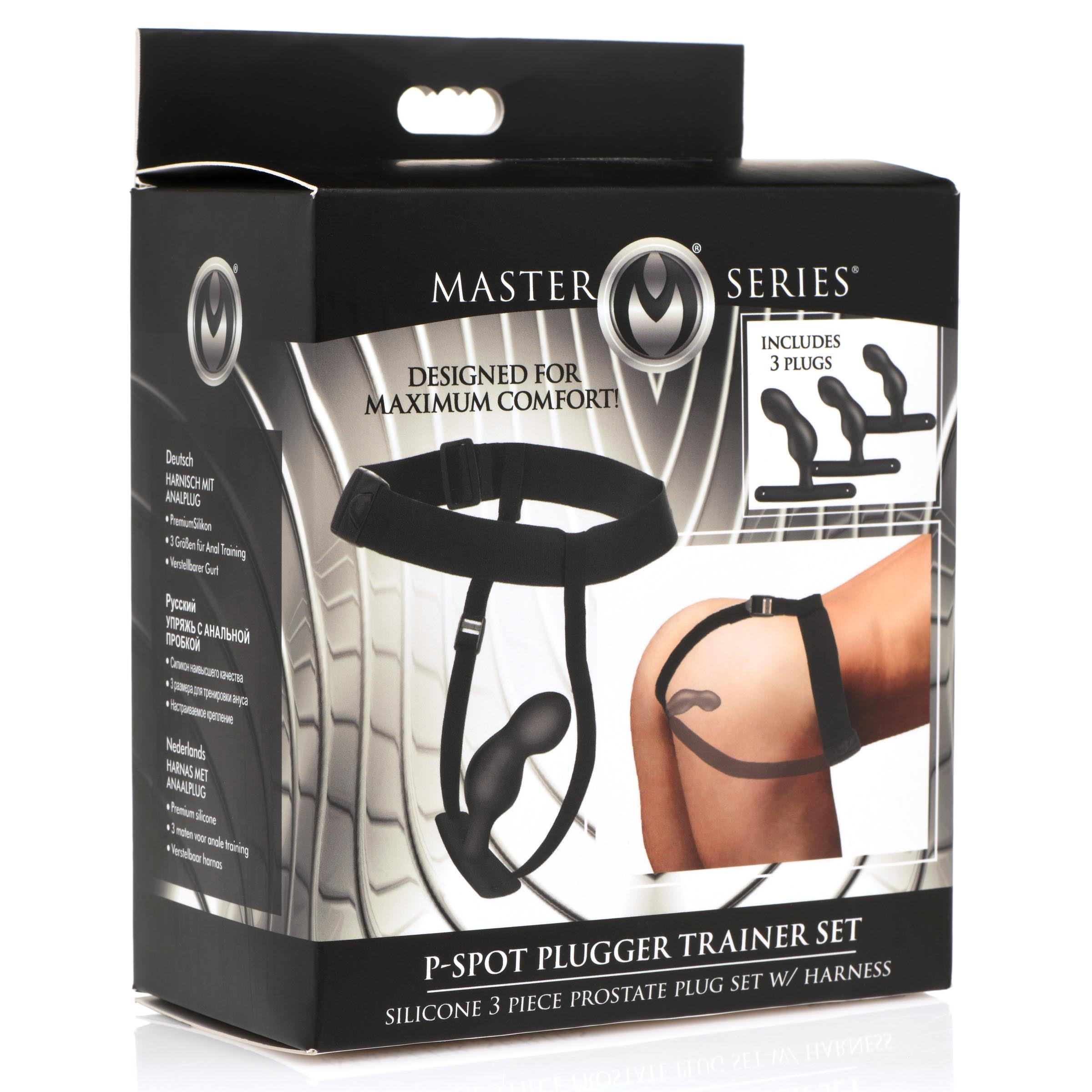 Master Series P-Spot Plugger Trainer Set Silicone 3 Piece Prostate Plug Set with Harness Black