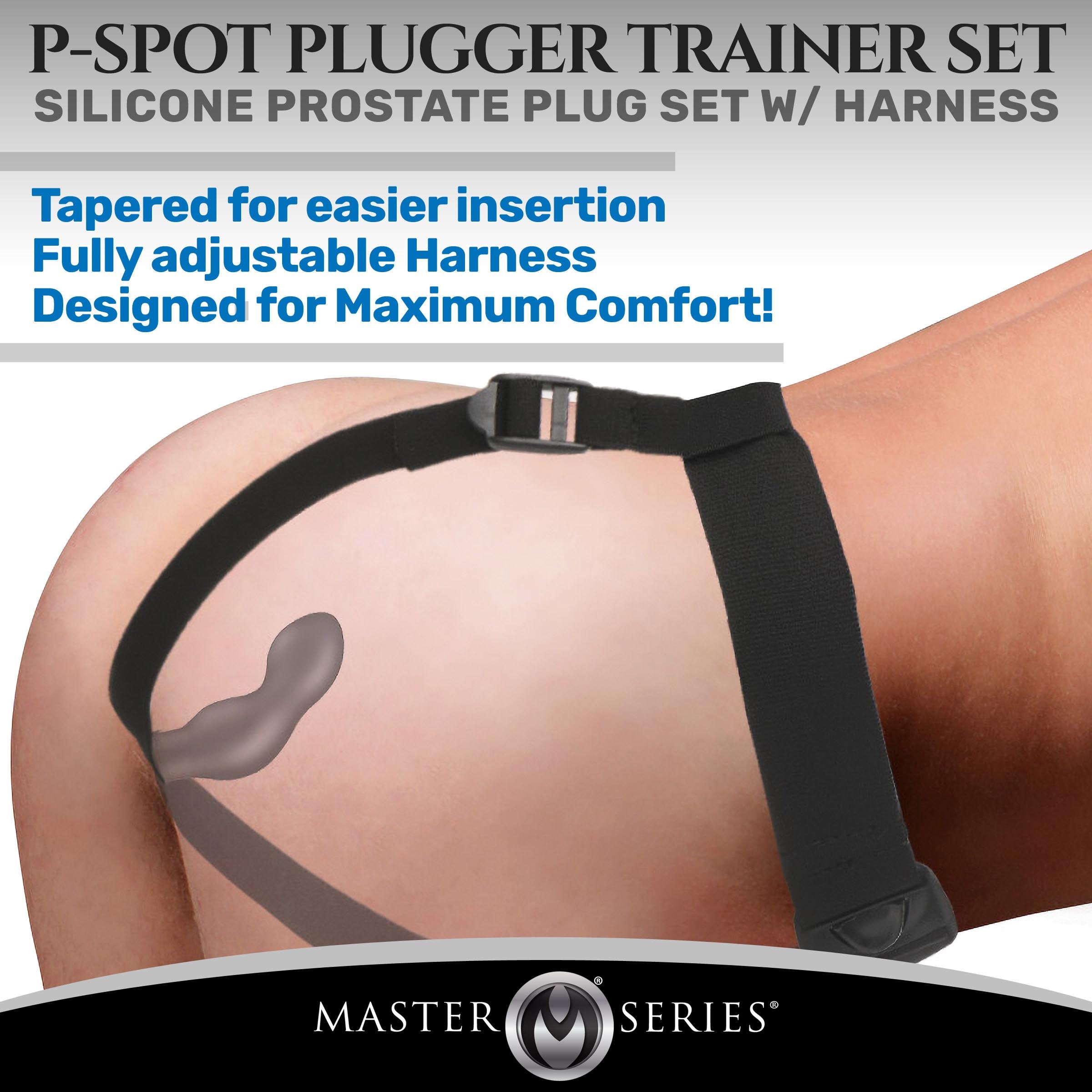 Master Series P-Spot Plugger Trainer Set Silicone 3 Piece Prostate Plug Set with Harness Black