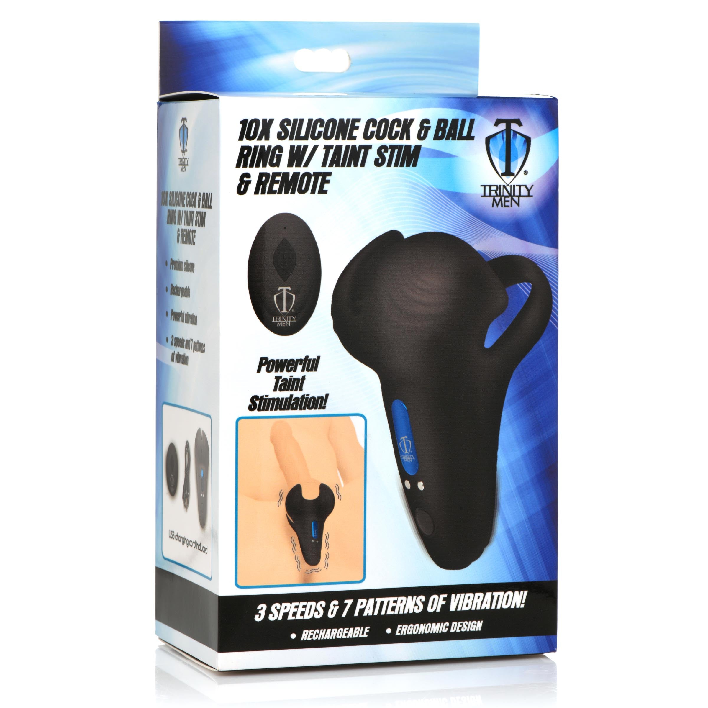 Trinity Men 10X Vibrating Silicone Cock Ring with Taint Stim and Remote Black