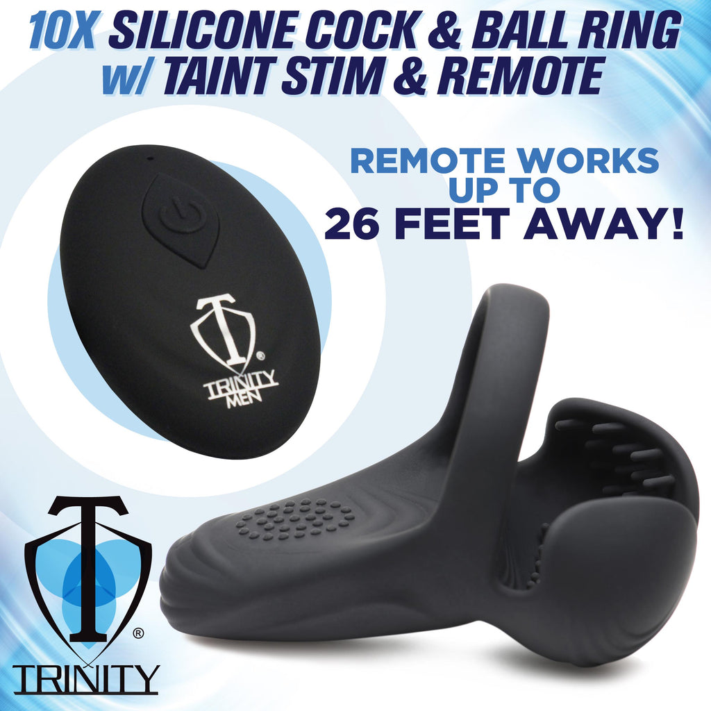 Trinity Men 10X Vibrating Silicone Cock Ring with Taint Stim and Remote Black