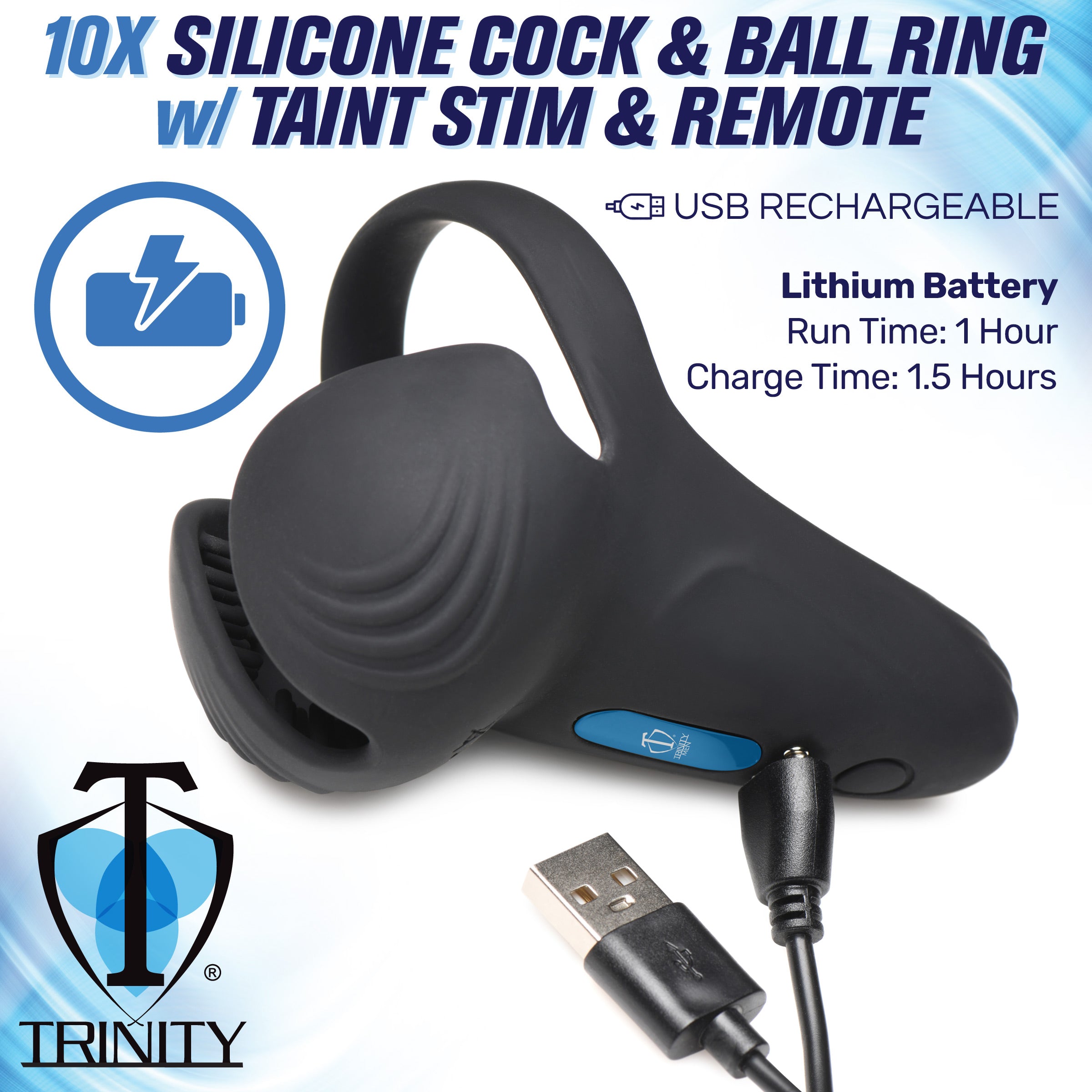 Trinity Men 10X Vibrating Silicone Cock Ring with Taint Stim and Remote Black