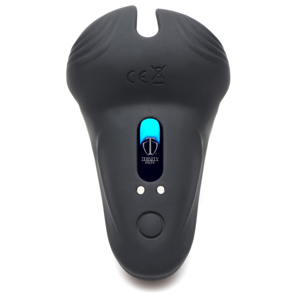 Trinity Men 10X Vibrating Silicone Cock Ring with Taint Stim and Remote Black