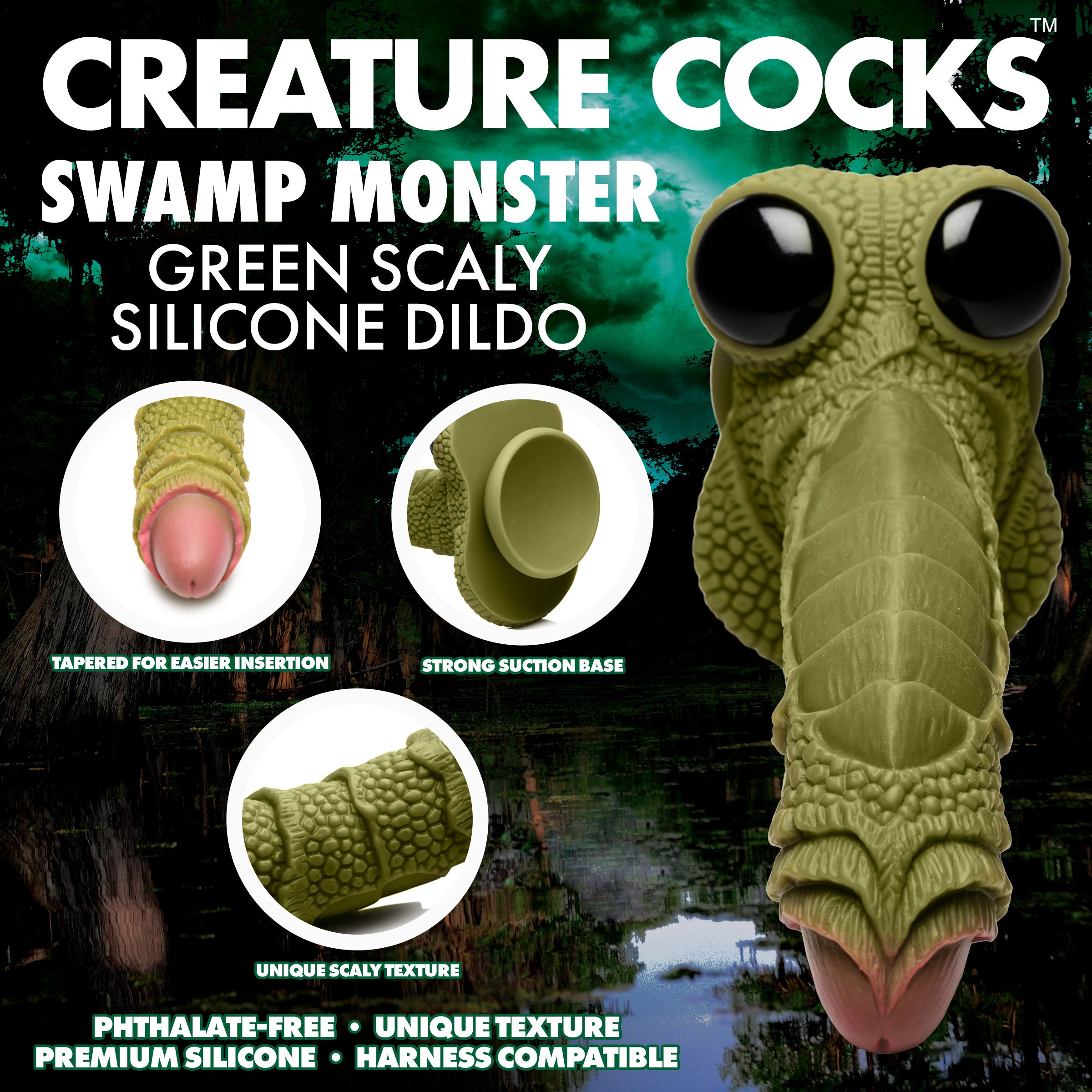 Creature Cocks Swamp Monster Green Scaly Silicone Dildo Green