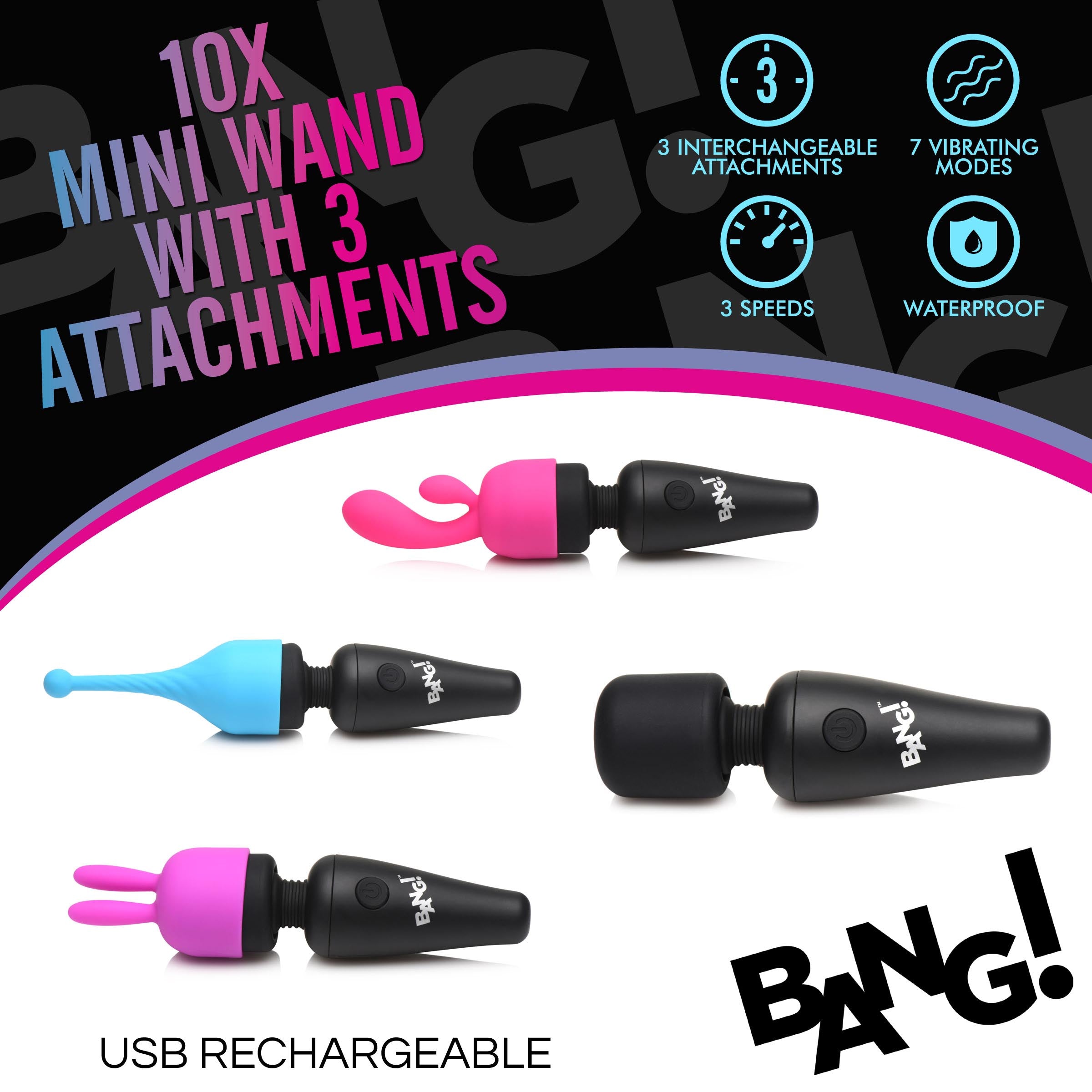 Bang! 10X Mini Wand with 3 Attachments Multi
