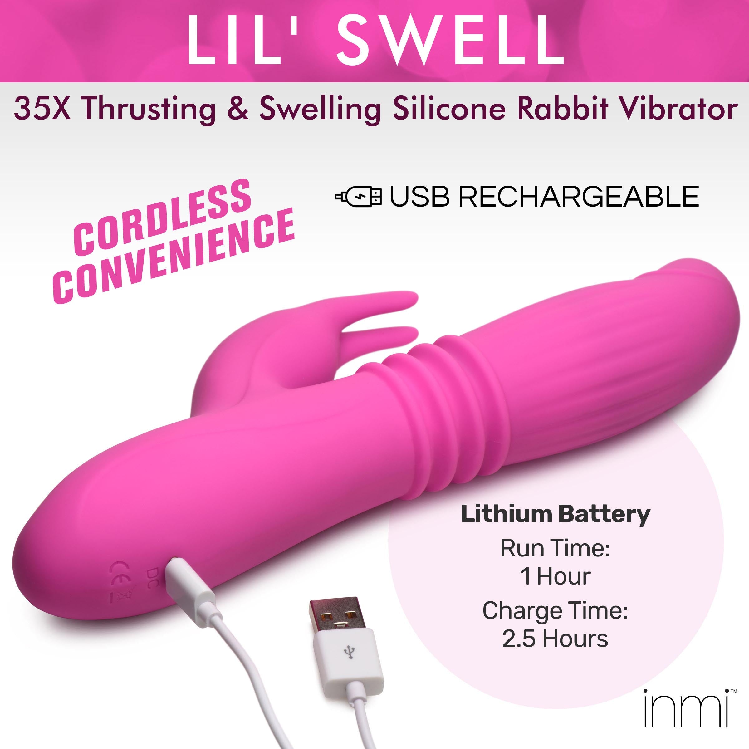 Inmi 35X Lil Swell Thrusting and Swelling Silicone Rabbit Vibrator Pink