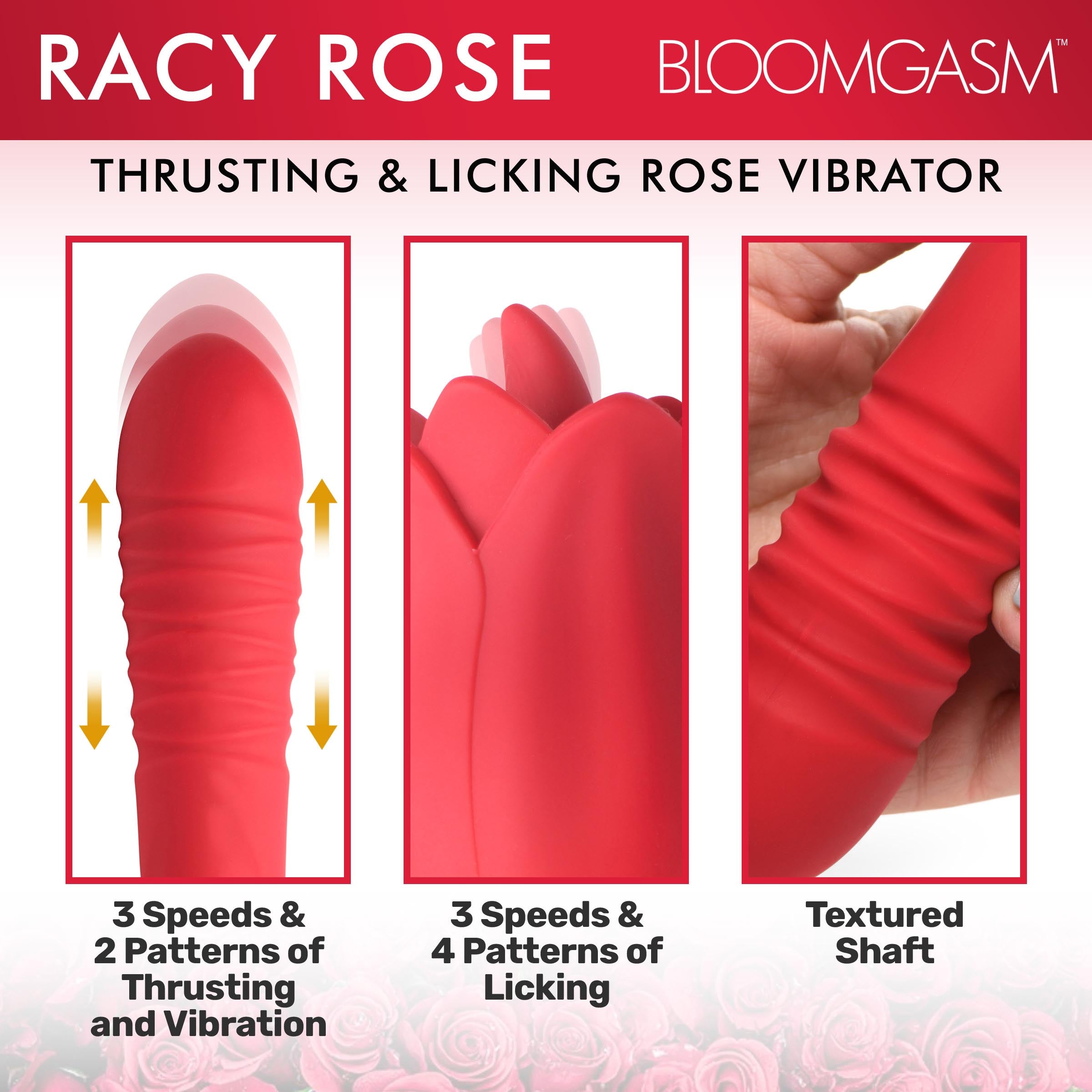 Bloomgasm Racy Rose Thrusting and Licking Rose Vibrator Red