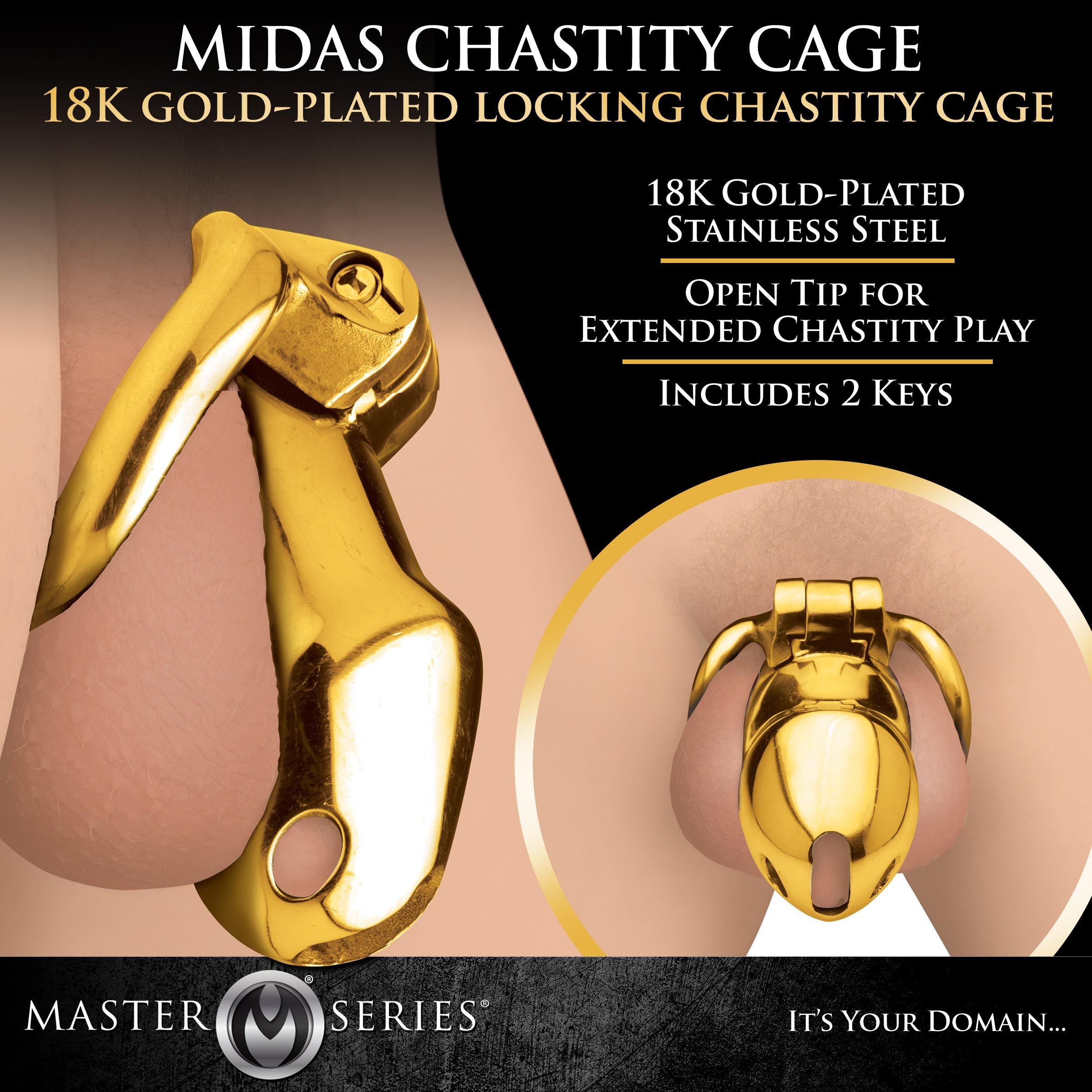 Master Series Midas 18K Gold-Plated Locking Chastity Cage Yellow