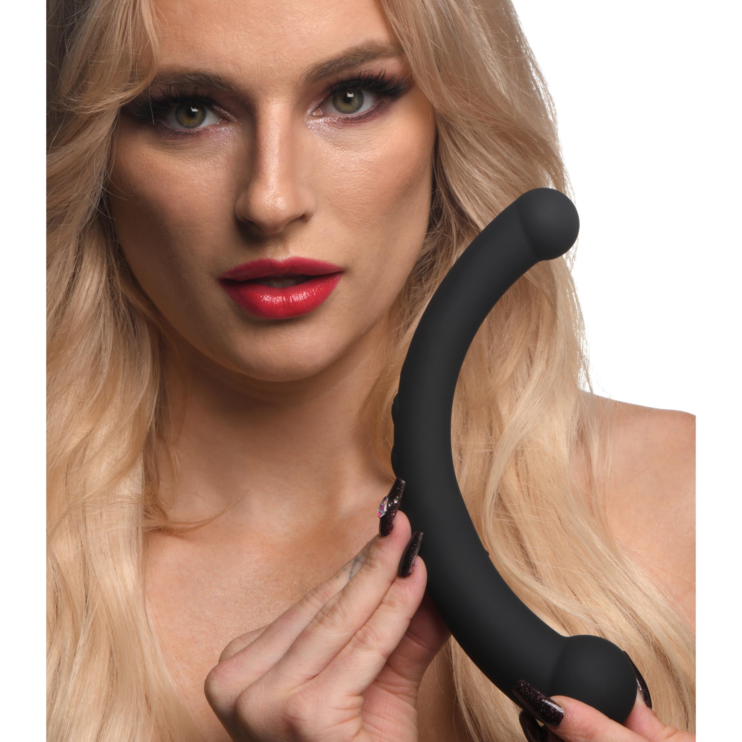 Master Series 10X Vibra-Crescent Vibrating Silicone Dual-Ended Dildo - Silver Black