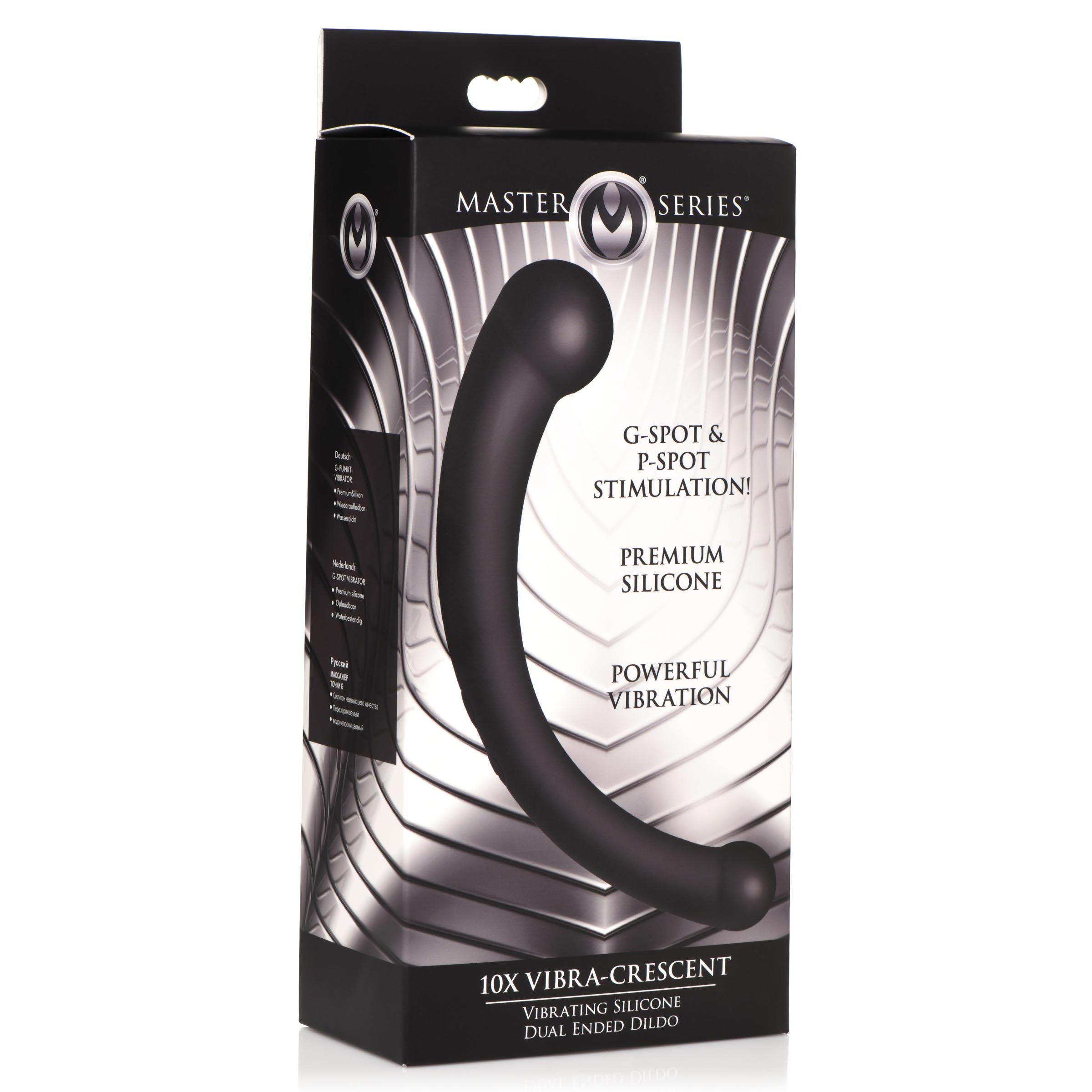 Master Series 10X Vibra-Crescent Vibrating Silicone Dual-Ended Dildo - Silver Black