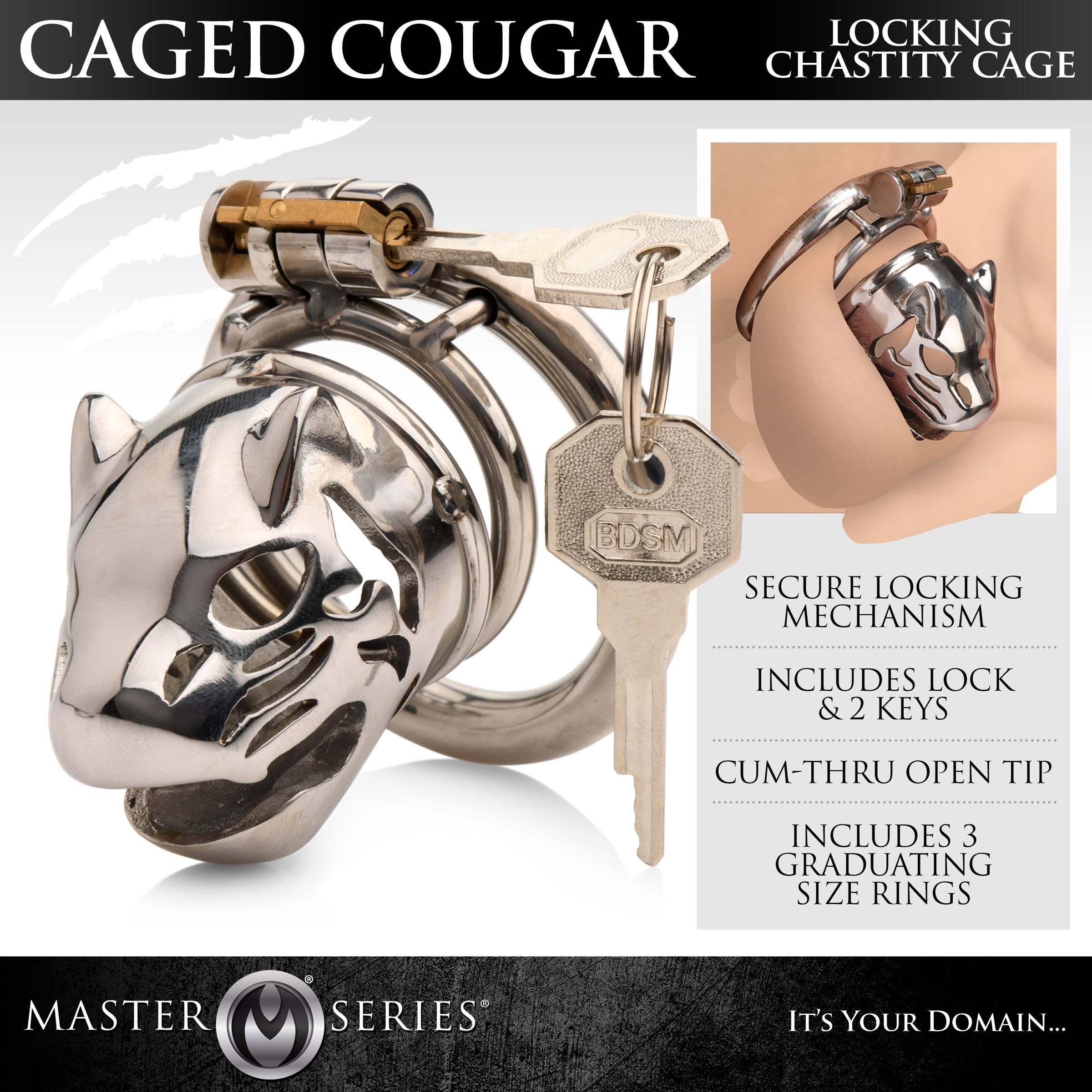 Master Series Caged Cougar Locking Chastity Cage Grey