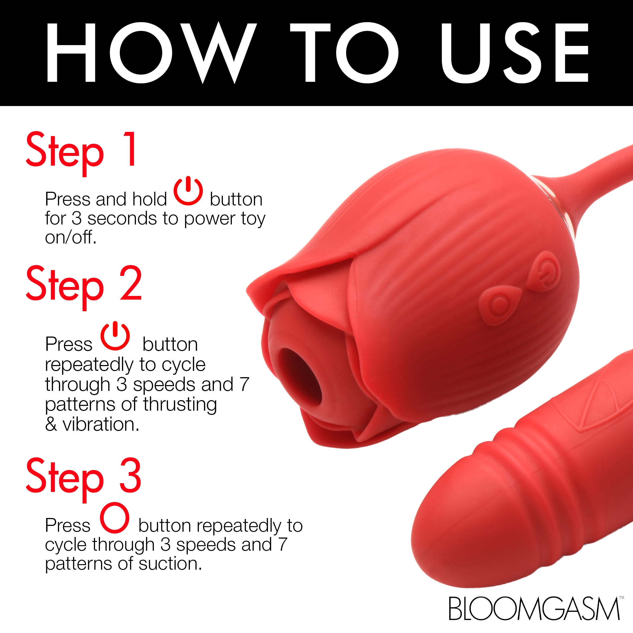 Bloomgasm 10X Romping Rose Suction and Thrusting Vibrator Red