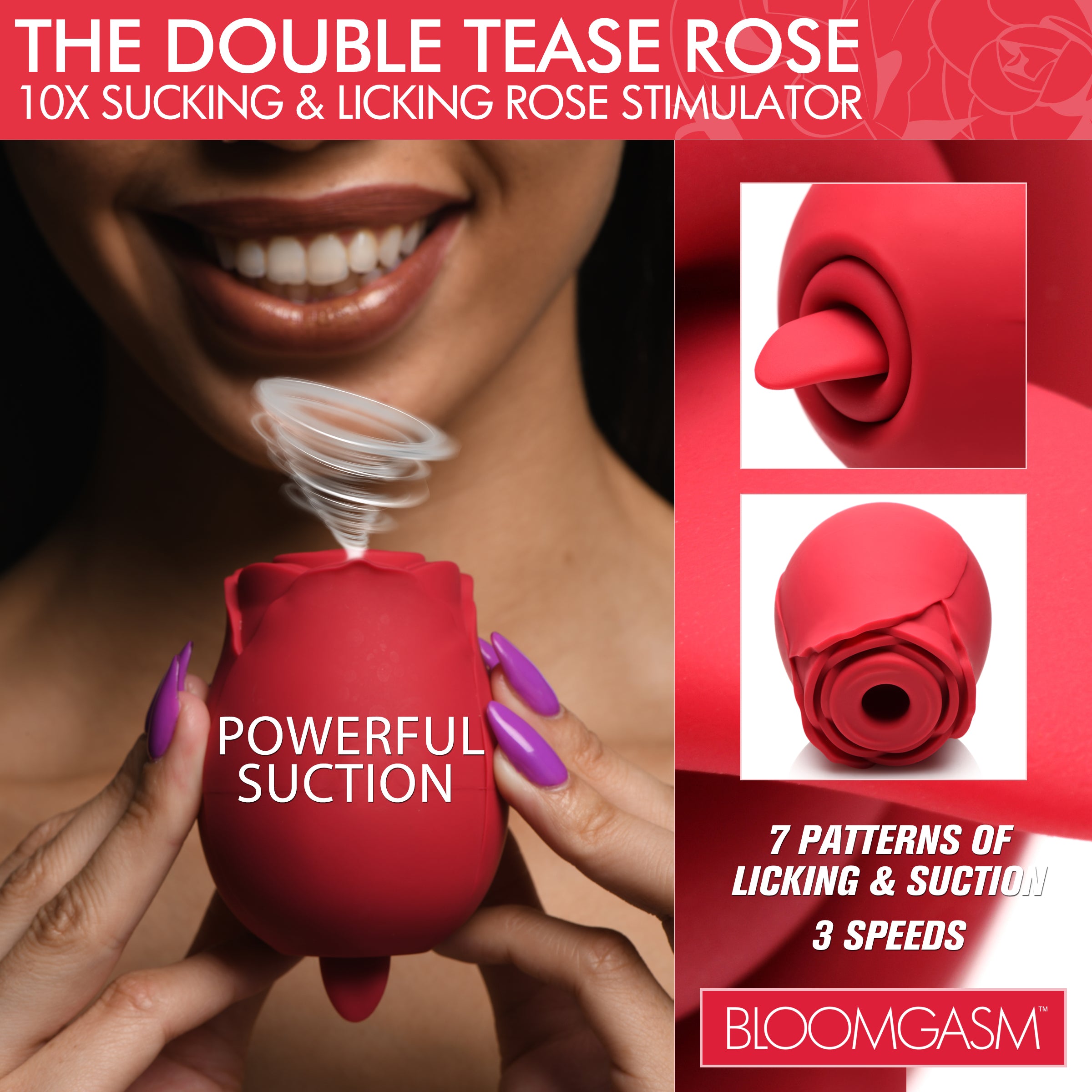 Bloomgasm The Double Tease Rose 10X Sucking and Licking Silicone Stimulator Red